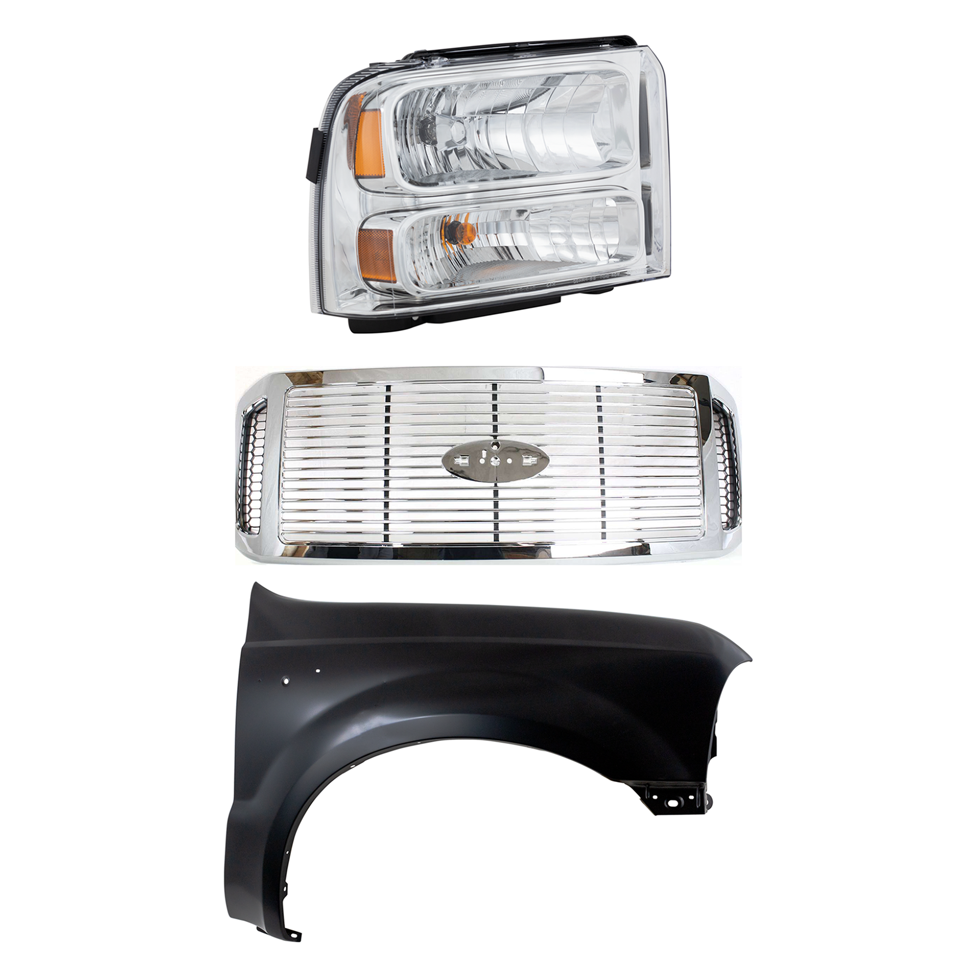 AM F 250 SUPER DUTY F 350 SUPER DUTY 06-07 GRILLE 3 pc Kit Plastic with Fender and Headlight SKU KIT 022423-64001 Partslink FO1200459 FO1241208 FO2503217 OEM 6C3Z8200AAA F81Z16005AA 6C3Z13