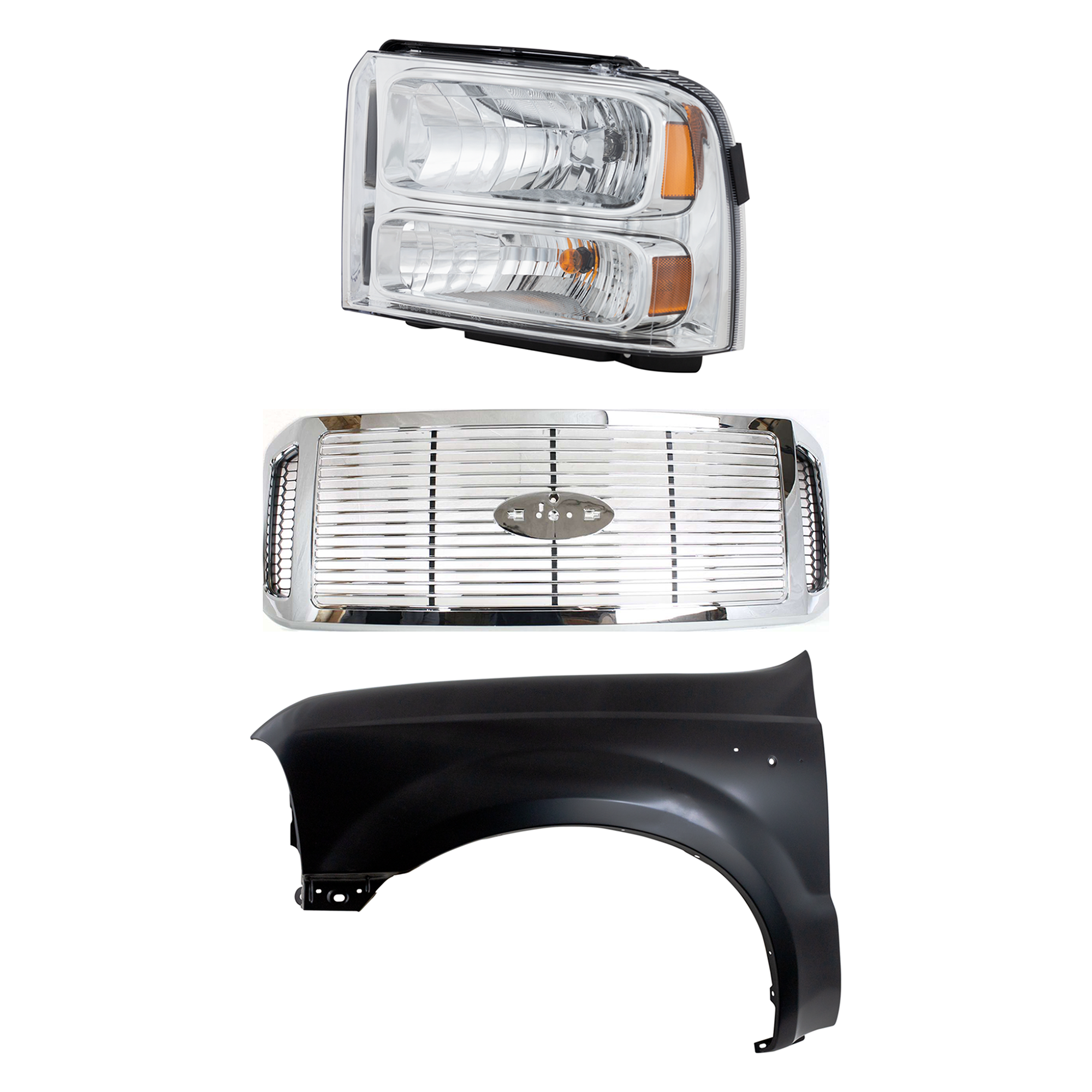 AM F 250 SUPER DUTY F 350 SUPER DUTY 06-07 GRILLE Chrome Shell and Insert 3 pc Kit with Fender and Headlight SKU KIT 022423-64002 Partslink FO1200459 FO1240208 FO2502217 OEM 6C3Z8200AAA F81Z16006AA 6C3Z13