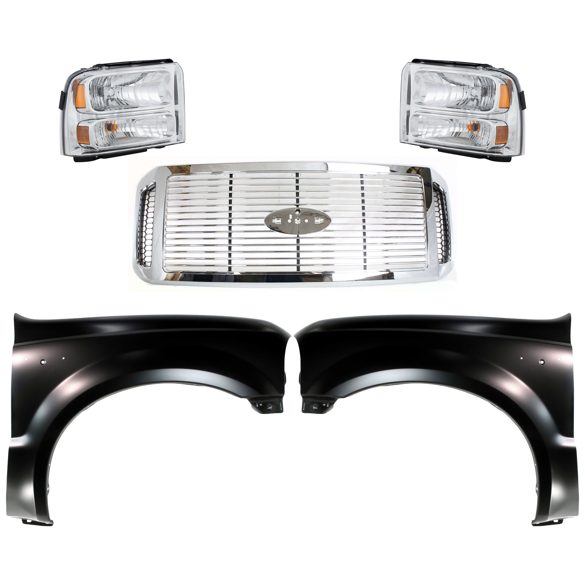 AM F 250 SUPER DUTY F 350 SUPER DUTY 06-07 GRILLE 5 pc Kit with Fenders and Headlights SKU KIT 022423-640 Partslink FO1200459 FO1241208 FO1240208 FO2503217 FO2502217 OEM 6C3Z8200AAA F81Z16005AA F81Z16