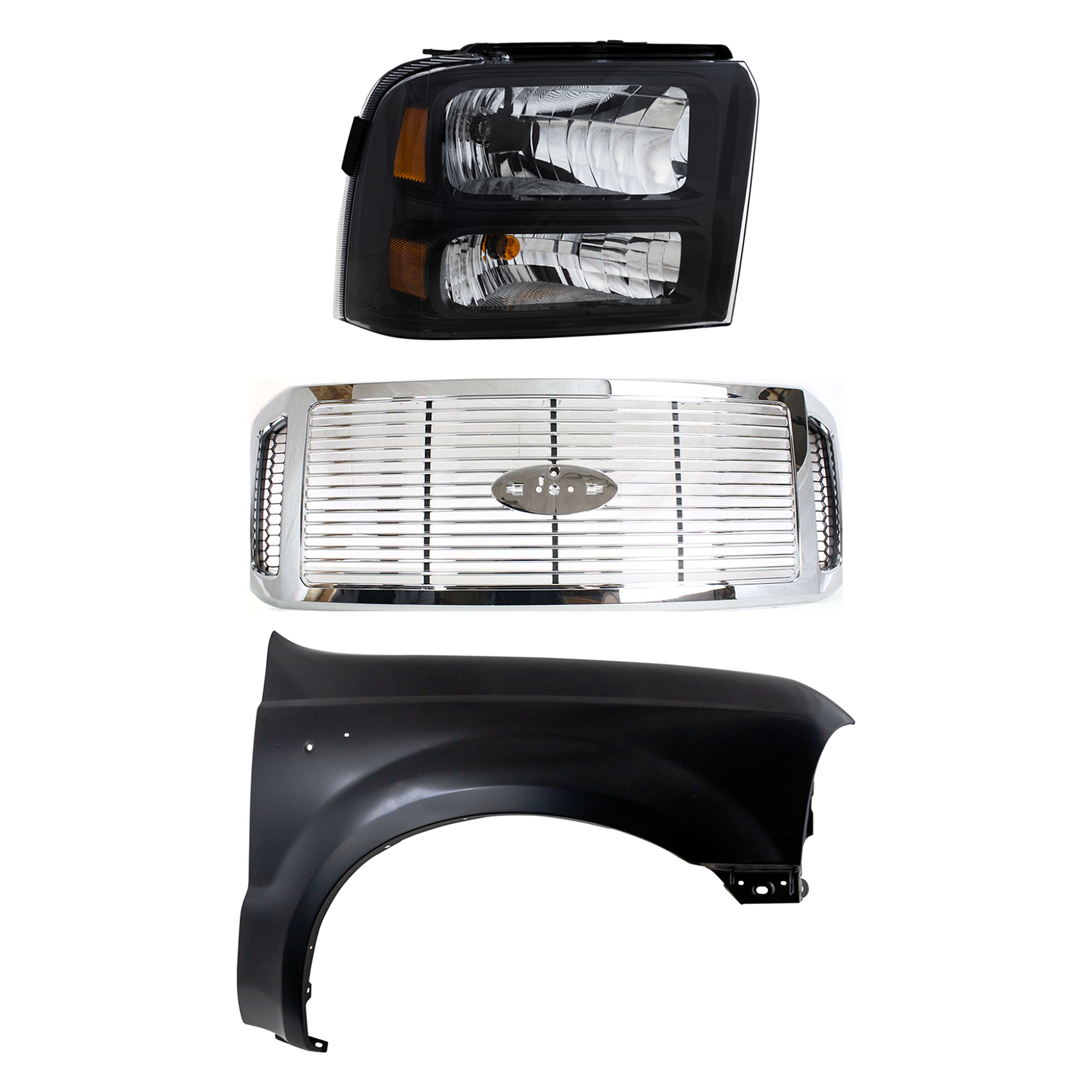 AM F 250 SUPER DUTY F 350 SUPER DUTY 06-07 GRILLE 3 pc Kit Plastic with Fender and Headlight SKU KIT 022423-64101 Partslink FO1200459 FO1241208 FO2503224 OEM 6C3Z8200AAA F81Z16005AA 6C3Z13