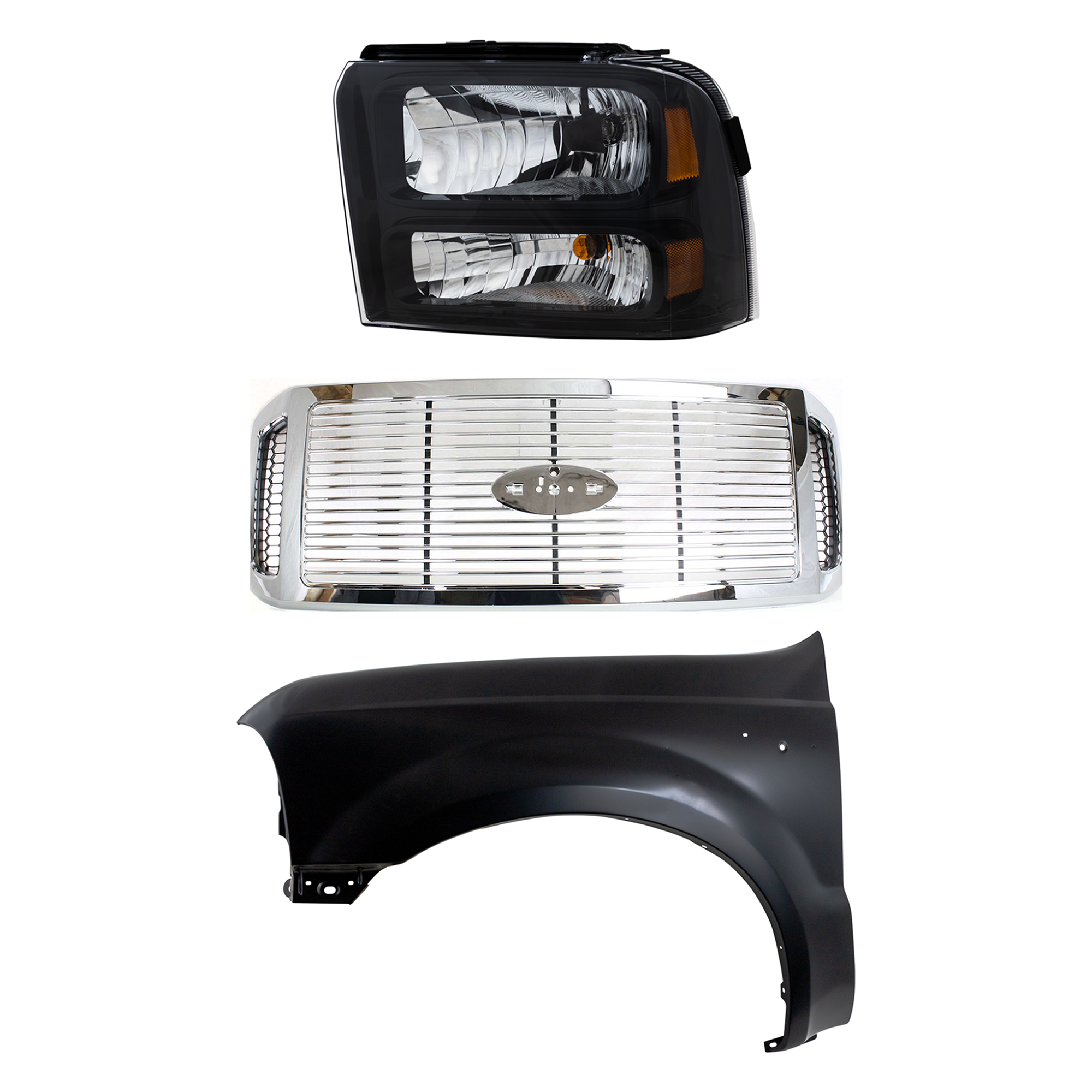 AM F 250 SUPER DUTY F 350 SUPER DUTY 06-07 GRILLE 3 pc Kit Plastic with Fender and Headlight SKU KIT 022423-64102 Partslink FO1200459 FO1240208 FO2502224 OEM 6C3Z8200AAA F81Z16006AA 6C3Z13
