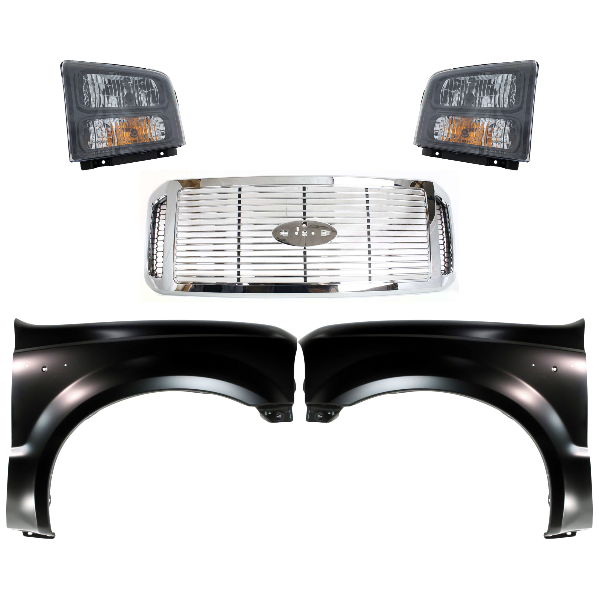 AM F 250 SUPER DUTY F 350 SUPER DUTY 06-07 GRILLE 5 pc Kit with Fenders and Headlights SKU KIT 022423-641 Partslink FO1200459 FO1241208 FO1240208 FO2503224 FO2502224 OEM 6C3Z8200AAA F81Z16005AA F81Z16