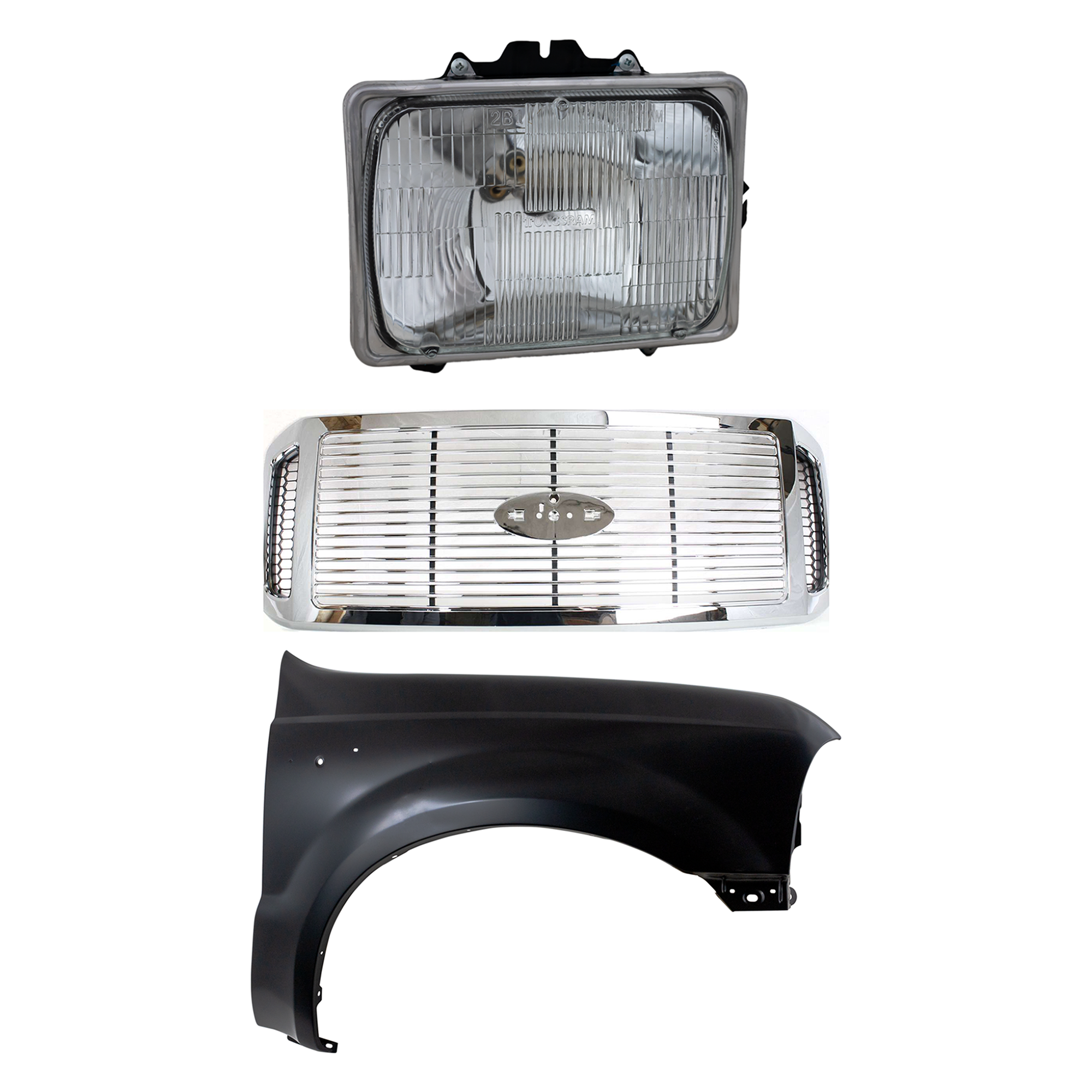 AM F 250 SUPER DUTY F 350 SUPER DUTY 06-07 GRILLE 3 pc Kit Plastic with Fender and Headlight SKU KIT 022423-64201 Partslink FO1200459 FO1241208 FO2501126 OEM 6C3Z8200AAA F81Z16005AA F3UZ13