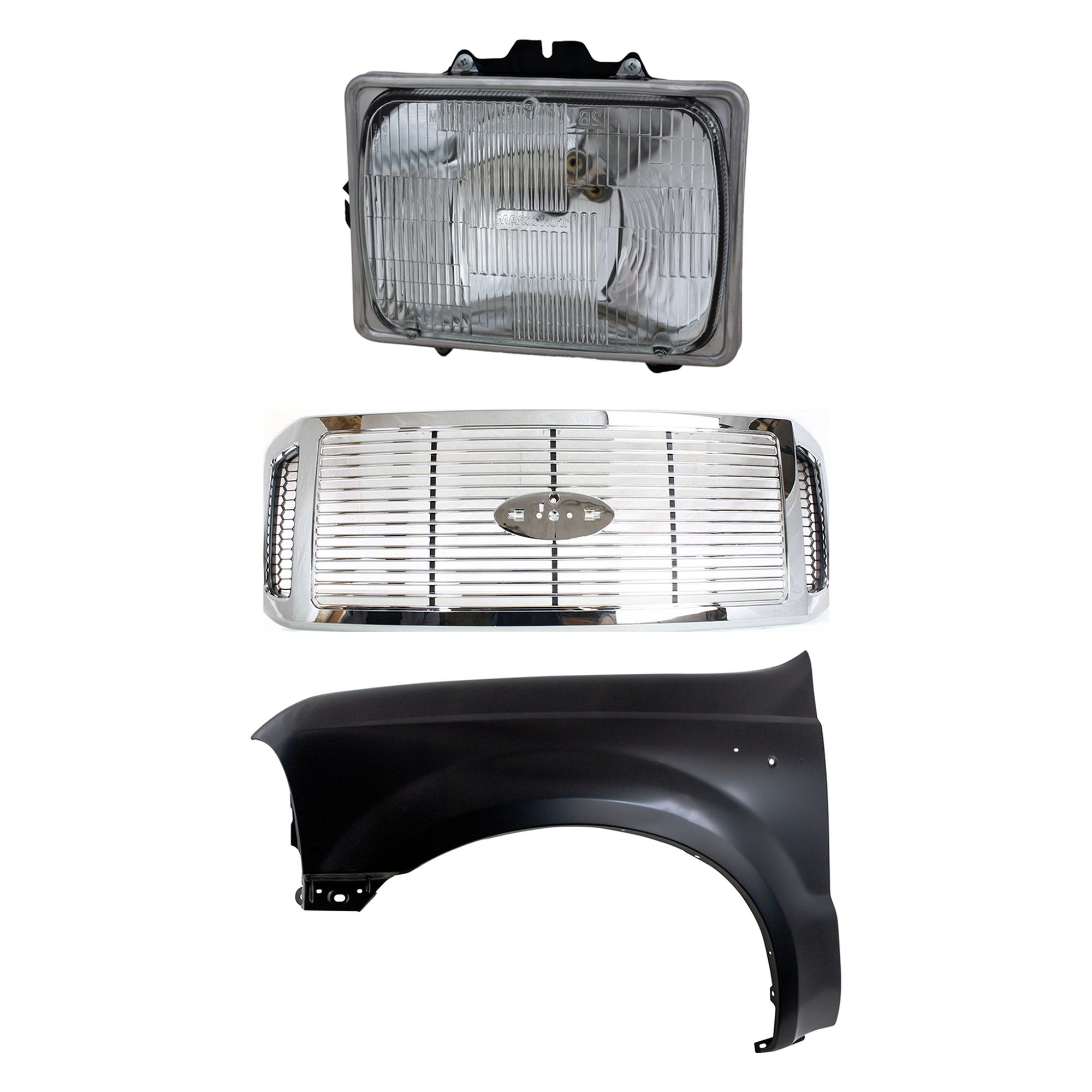 AM F 250 SUPER DUTY F 350 SUPER DUTY 06-07 GRILLE 3 pc Kit Plastic with Fender and Headlight SKU KIT 022423-64202 Partslink FO1200459 FO1240208 FO2500126 OEM 6C3Z8200AAA F81Z16006AA F3UZ13