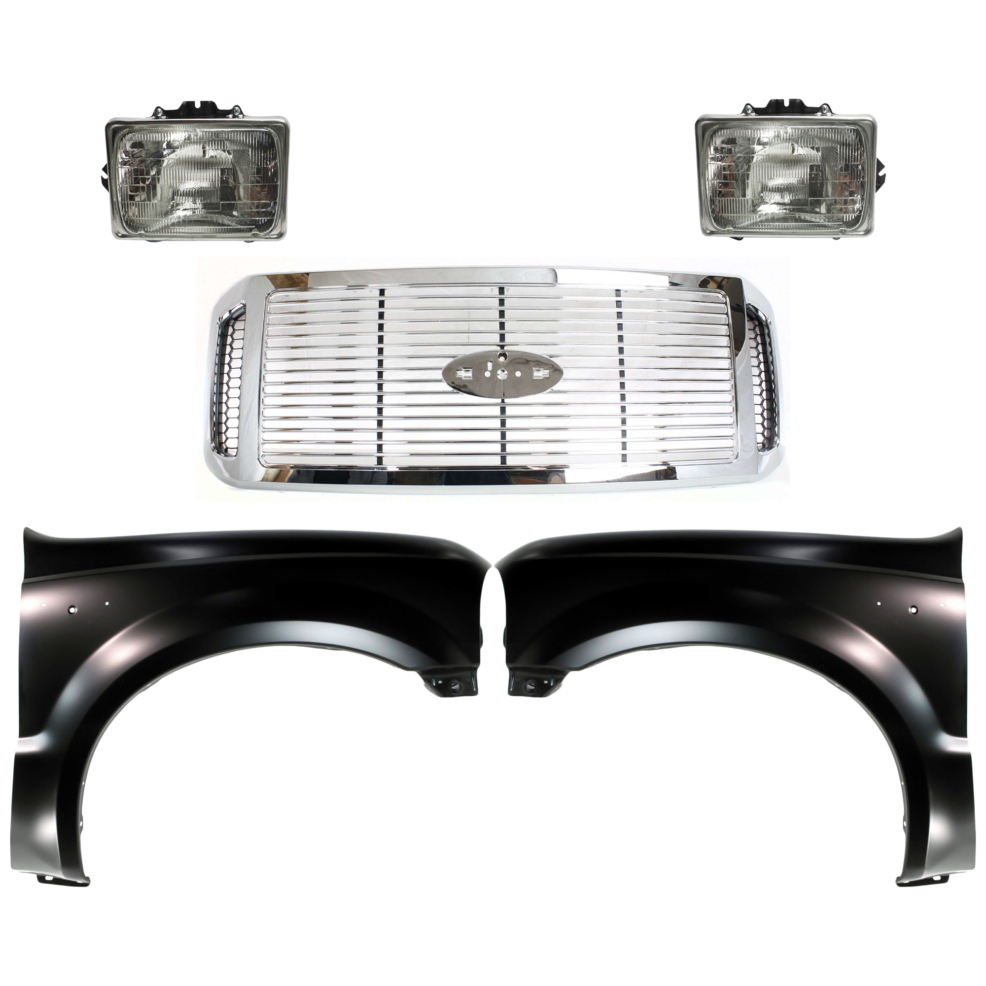 AM F 250 SUPER DUTY F 350 SUPER DUTY 06-07 GRILLE 5 pc Kit For Models With Short Bed with Fenders and Headlights SKU KIT 022423-642 Partslink FO1200459 FO1241208 FO1240208 FO2501126 FO2500126 OEM 6C3Z8200AAA F81Z16005AA F81Z16