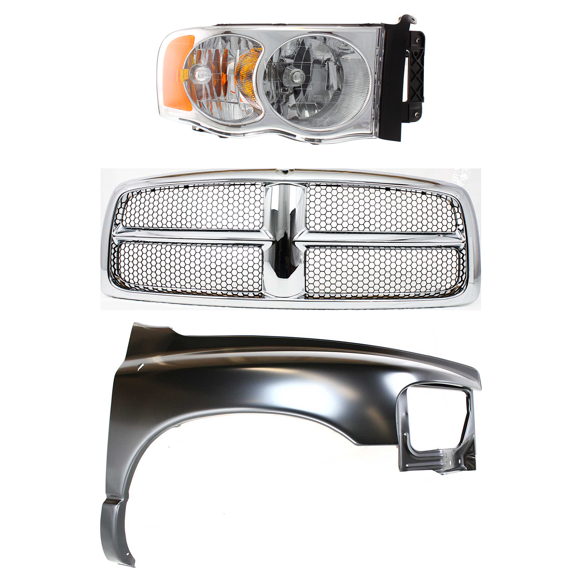 AM DODGE FULL SIZE P U 02-05 GRILLE 3 pc Kit Plastic with Fender and Headlight SKU KIT 022423-64601 Partslink CH1200268 CH1241232 OEM 55077185AG PFM 55276208AD 5527