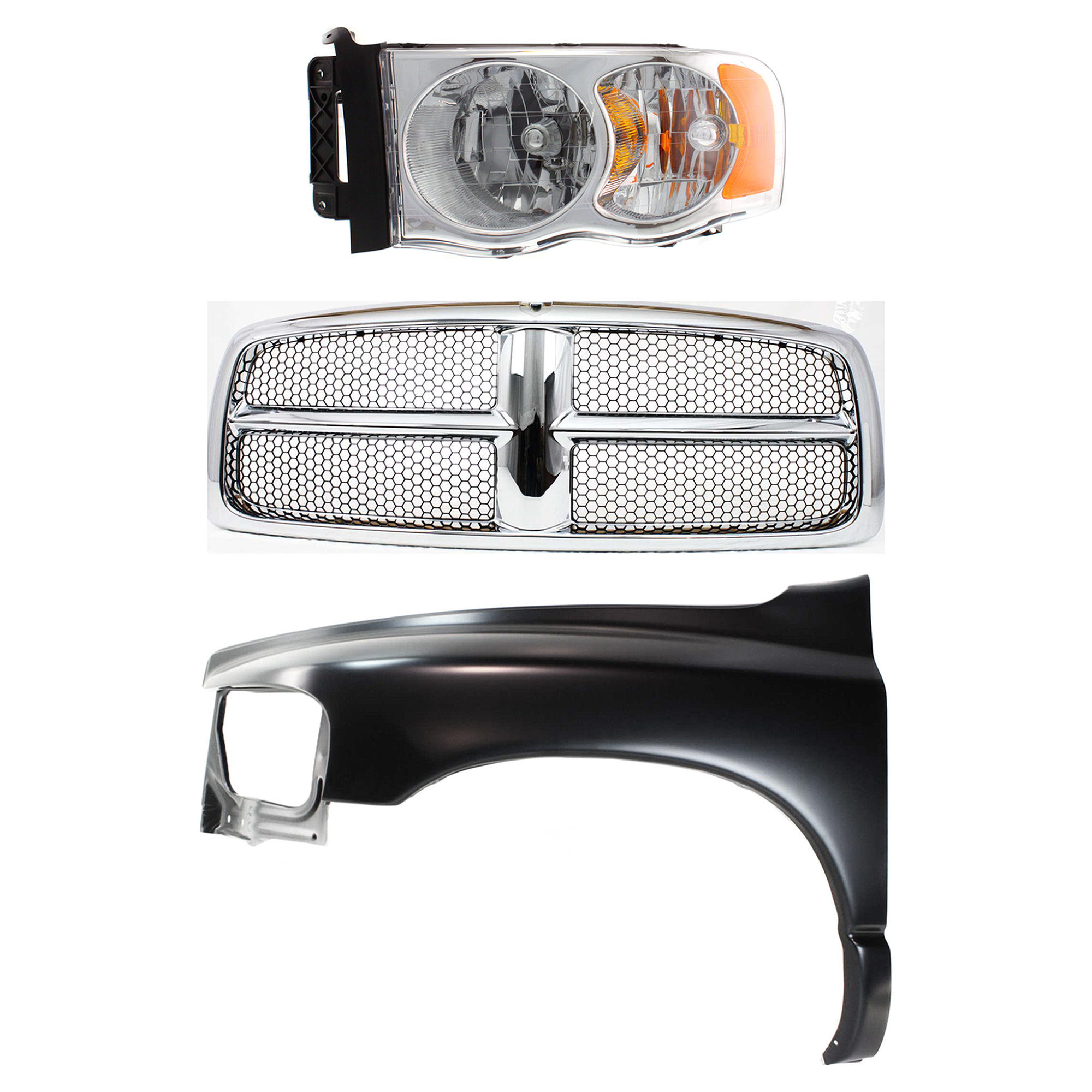 AM DODGE FULL SIZE P U 02-05 FRONT FENDER LH 3 pc Kit Primed Steel with Grille and Headlight SKU KIT 022423-64602 Partslink CH1240232 CH1200268 OEM 55276209AD 55276971AA 55077185