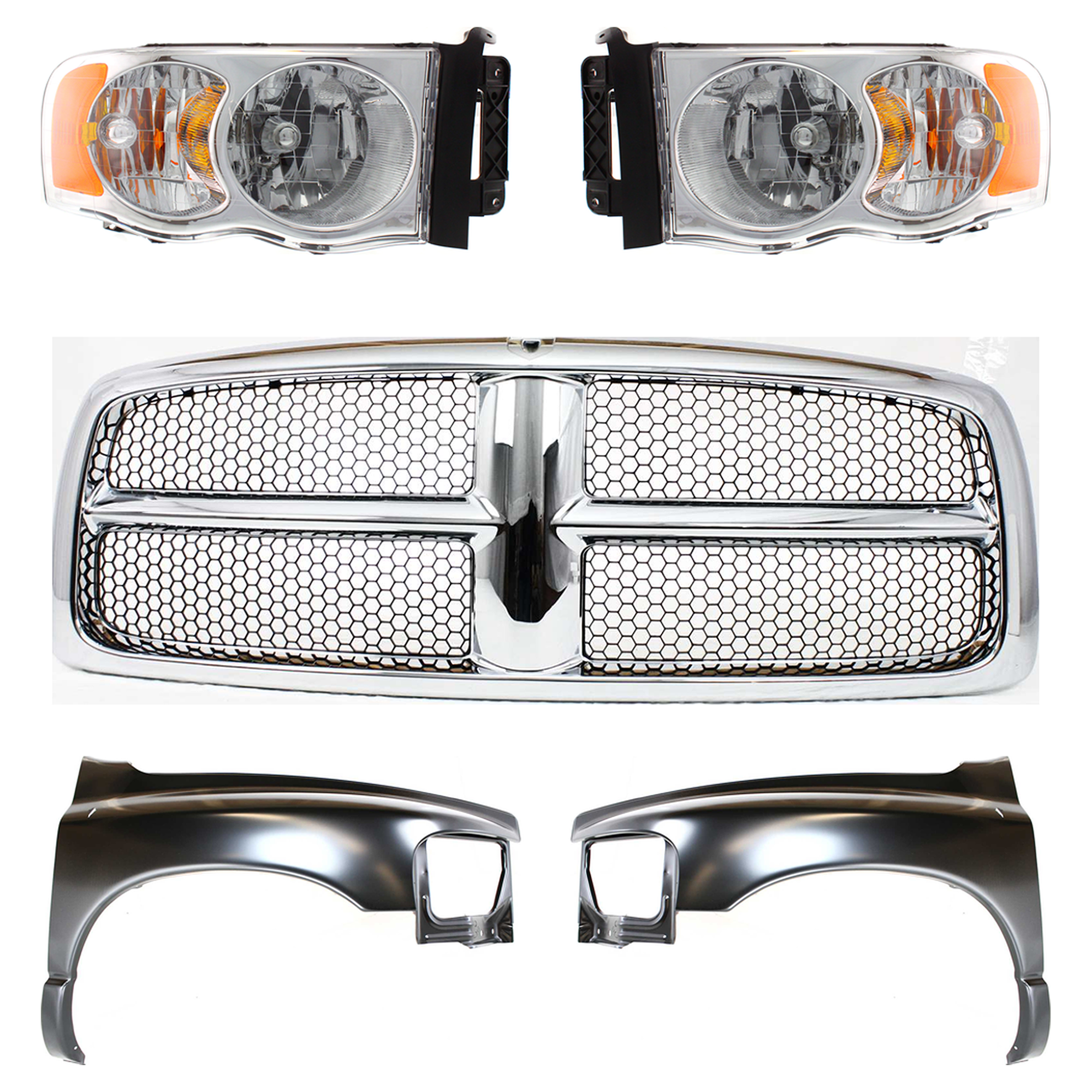 AM DODGE FULL SIZE PICKUP 02-05 FRONT FENDER RH AND LH 5 pc Kit with Grille Assembly and Headlights SKU KIT 022423-646 Partslink CH1240232 CH1241232 CH1200268 OEM 55276208AD 55276970AA 55276209