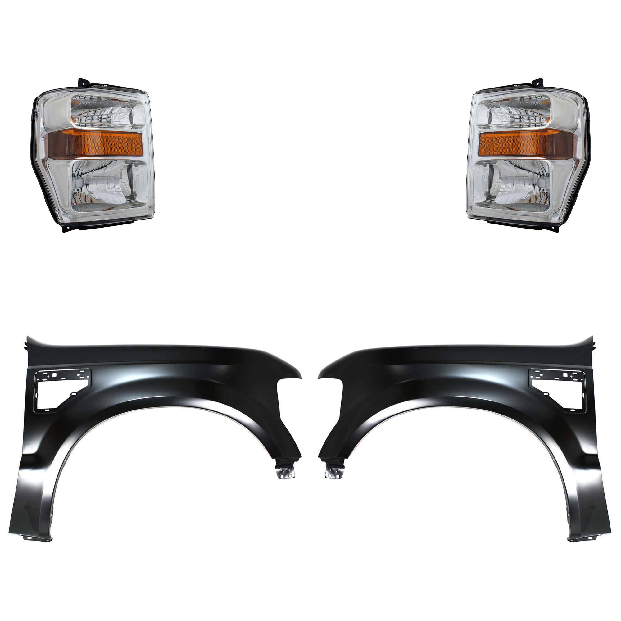 AM F 250 SUPER DUTY F 350 SUPER DUTY 08-10 HEAD LAMP RH AND LH Assembly Halogen 4 pc Kit with Fenders SKU KIT 022423-65103 Partslink FO2503243 FO2502243 FO1240259 FO1241259 OEM 7C3Z13008AA 7C3Z13008BA 7C3Z16