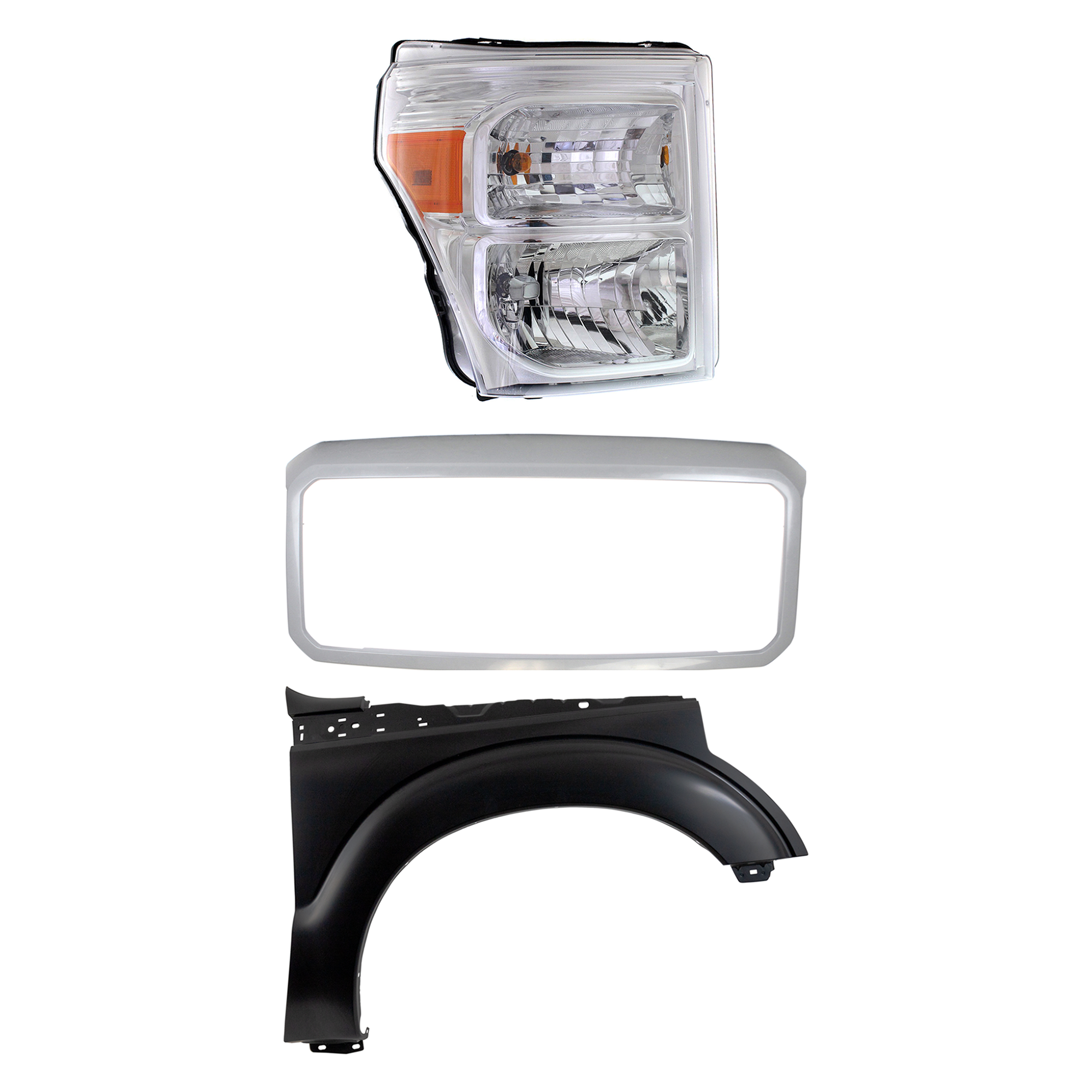 AM F 250 SUPER DUTY F 350 SUPER DUTY 11-16 HEAD LAMP RH Assembly Halogen 3 pc Kit with Fender and Grille Shell SKU KIT 022423-66501 Partslink FO2503290 FO1241284 FO1202101 OEM BC3Z13008E BC3Z16005A BC3Z8200