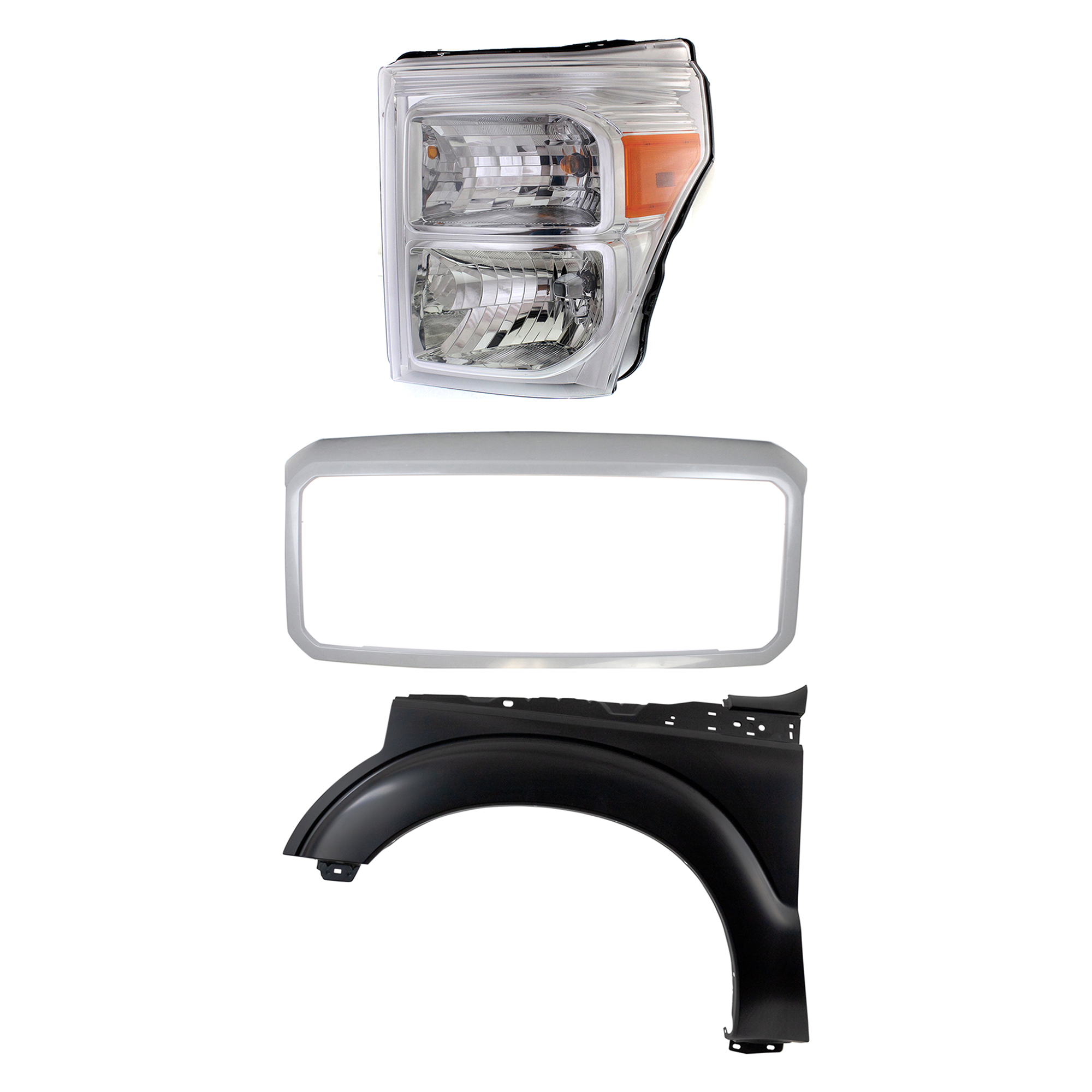 AM F 250 SUPER DUTY F 350 SUPER DUTY 11-16 HEAD LAMP LH Assembly Halogen 3 pc Kit with Fender and Grille Shell SKU KIT 022423-66502 Partslink FO2502290 FO1240284 FO1202101 OEM BC3Z13008F BC3Z16006A BC3Z8200