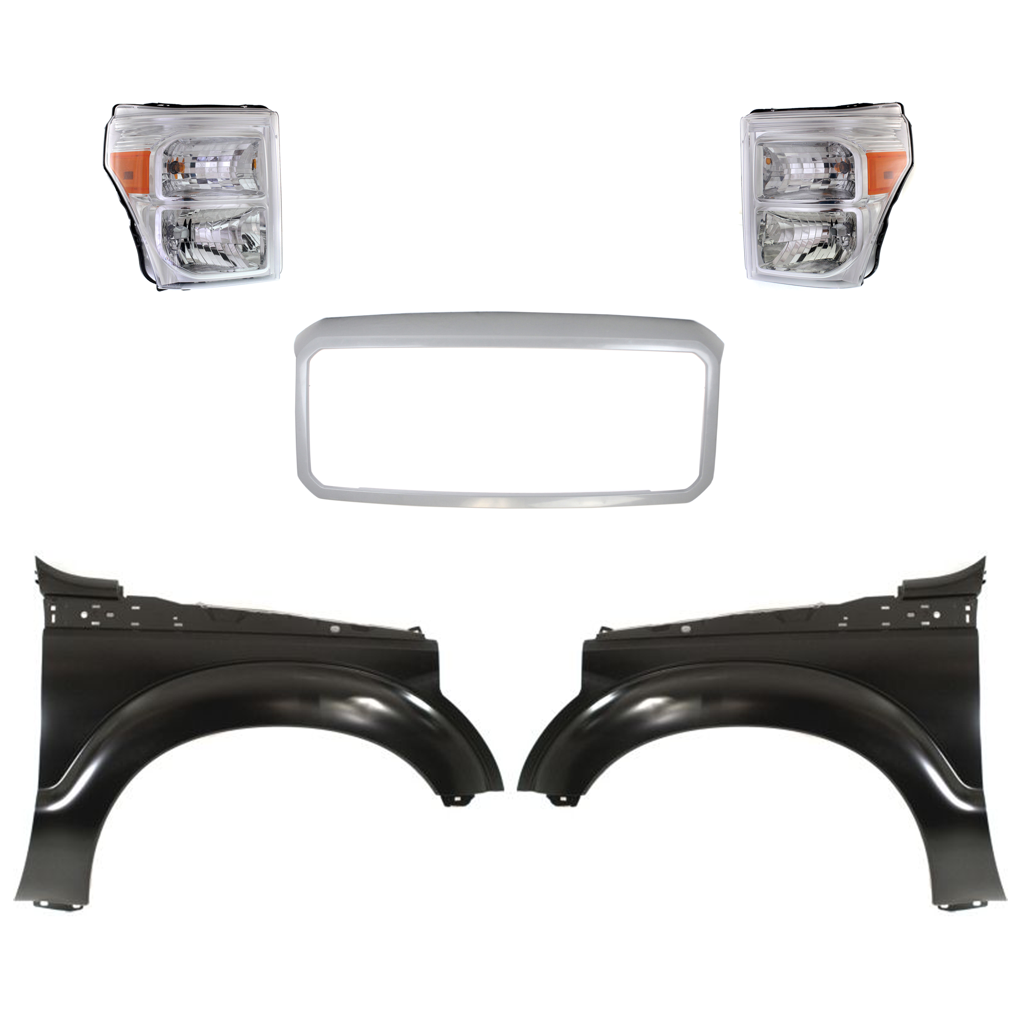 AM F 250 SUPER DUTY F 350 SUPER DUTY 11-16 HEAD LAMP RH AND LH Assembly Halogen 5 pc Kit with Fenders and Grille Shell SKU KIT 022423-665 Partslink FO2502290 FO2503290 FO1241284 FO1240284 FO1202101 OEM BC3Z13008E BC3Z13008F BC3Z1600
