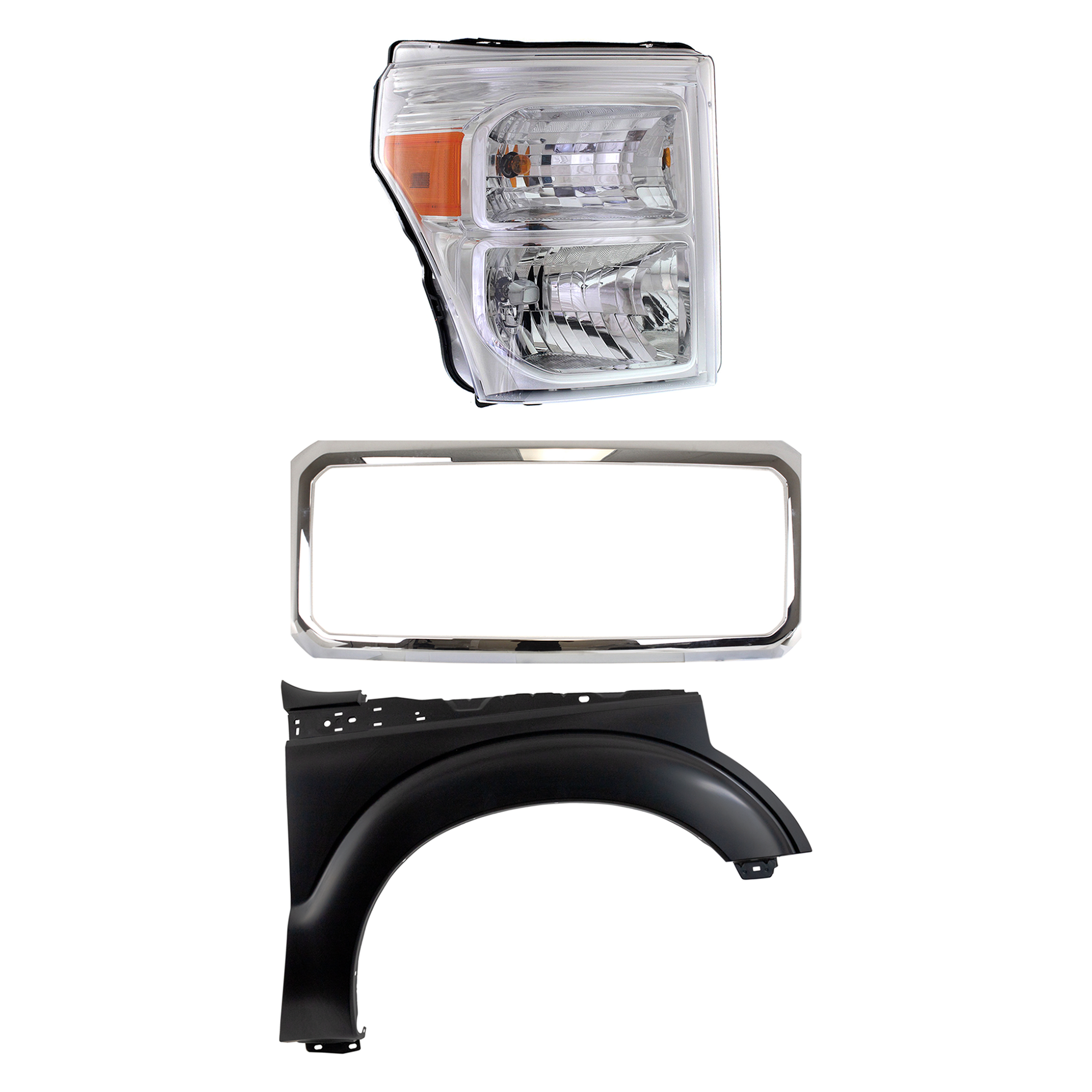 AM F 250 SUPER DUTY F 350 SUPER DUTY 11-16 GRILLE Chrome 3 pc Kit with Fender and Headlight SKU KIT 022423-66601 Partslink FO1202102 FO1241284 FO2503290 OEM BC3Z8200A BC3Z16005A BC3Z13008