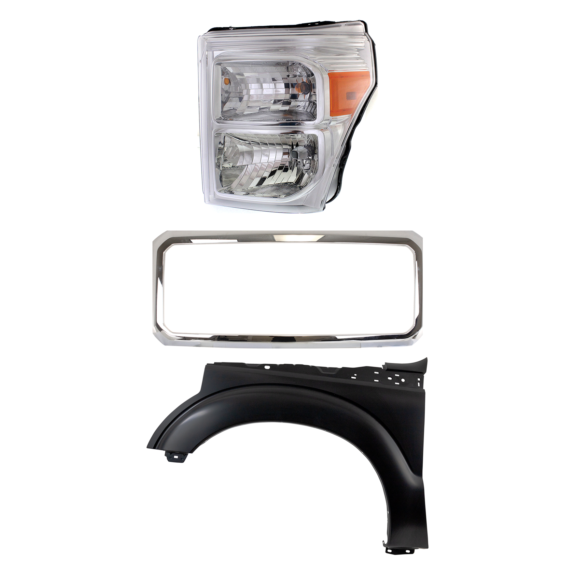 AM F 250 SUPER DUTY F 350 SUPER DUTY 11-16 GRILLE Chrome 3 pc Kit with Fender and Headlight SKU KIT 022423-66602 Partslink FO1202102 FO1240284 FO2502290 OEM BC3Z8200A BC3Z16006A BC3Z13008