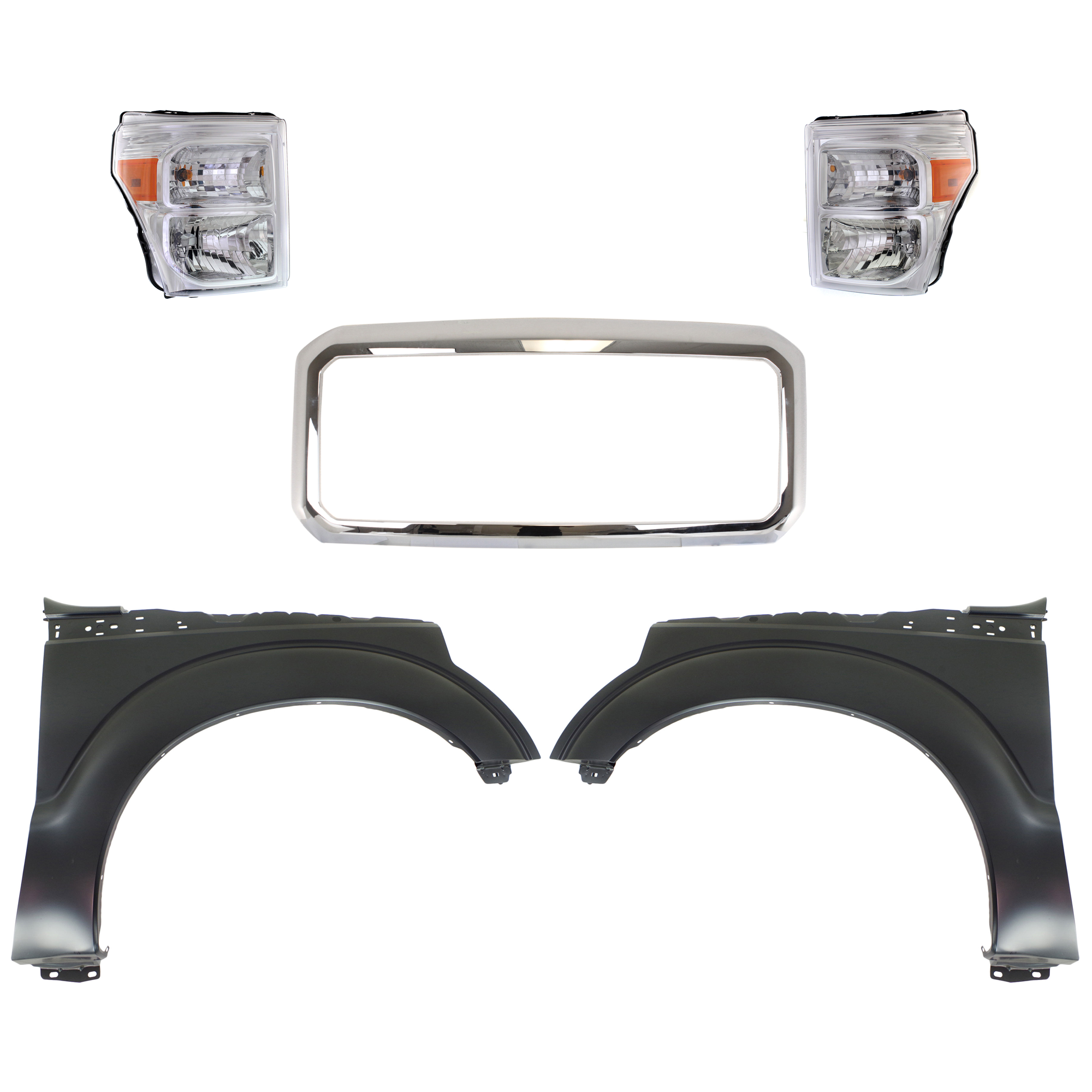 AM F 350 SUPER DUTY F 250 SUPER DUTY 11-16 GRILLE Chrome 5 pc Kit with Fenders and Headlights SKU KIT 022423-666 Partslink FO1202102 FO1241284 FO1240284 FO2502290 FO2503290 OEM BC3Z8200A BC3Z16005A BC3Z16006