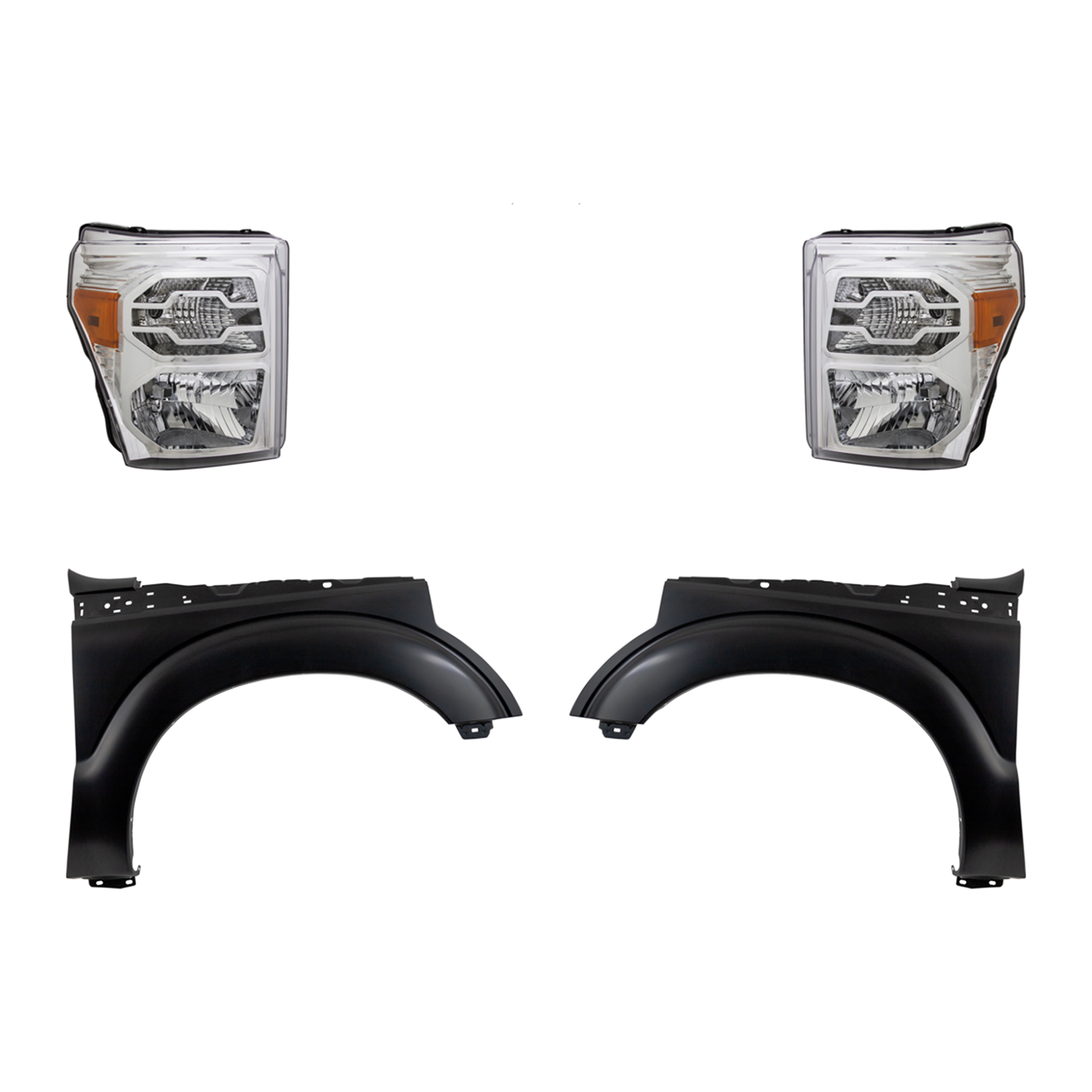 AM F 350 SUPER DUTY F 250 SUPER DUTY 11-16 HEAD LAMP RH AND LH Lens and Housing Halogen 4 pc Kit with Fenders SKU KIT 022423-66803 Partslink FO1240284 FO1241284 OEM BC3Z13008E PFM BC3Z13008F PFM