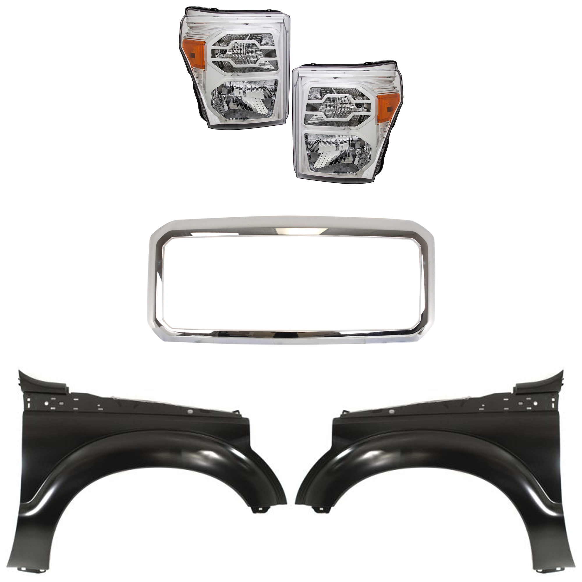 AM F 350 SUPER DUTY F 250 SUPER DUTY 11-16 GRILLE Chrome 5 pc Kit with Fenders and Headlights SKU KIT 022423-669 Partslink FO1202102 FO1241284 FO1240284 OEM BC3Z8200A BC3Z16005A BC3Z16006