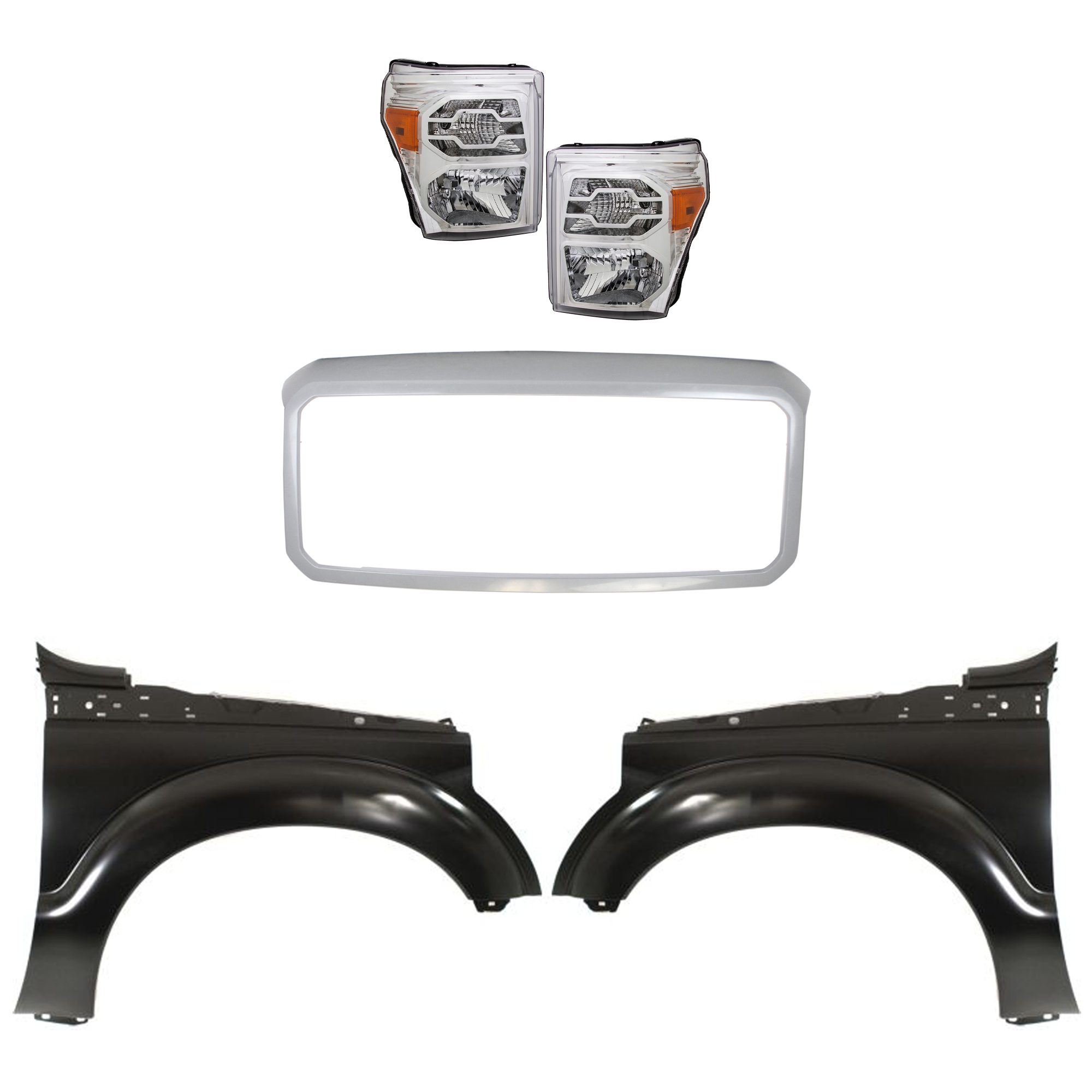 AM F 150 F 250 SUPER DUTY 11-16 HEAD LAMP RH AND LH Lens and Housing Halogen 5 pc Kit with Fenders and Grille Assembly SKU KIT 022423-670 Partslink FO1241284 FO1240284 FO1202101 OEM BC3Z13008E PFM BC3Z13008F PFM