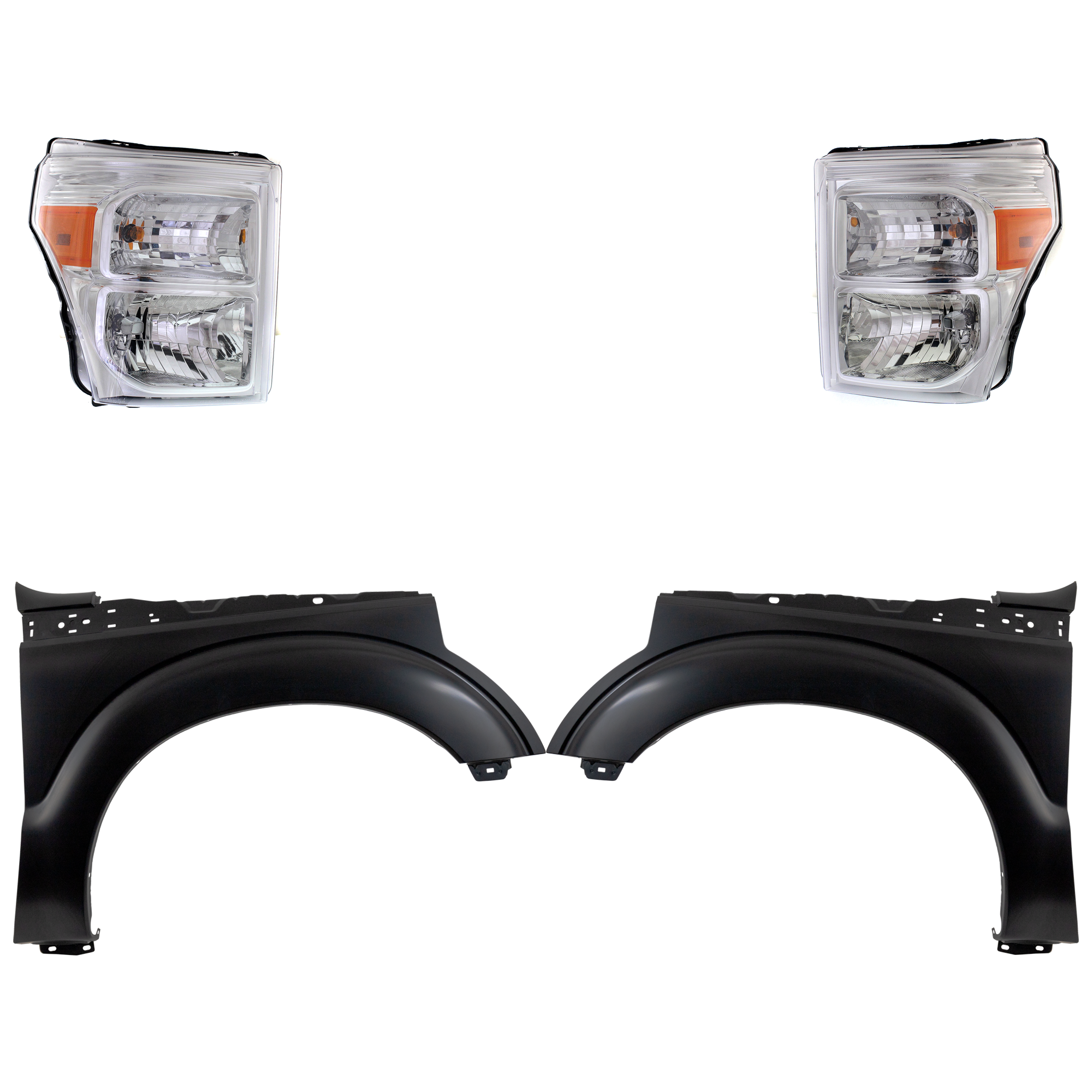 AM F 250 SUPER DUTY F 350 SUPER DUTY 11-16 HEAD LAMP RH AND LH Assembly Halogen 4 pc Kit with Fenders CAPA SKU KIT 022423-67503 Partslink FO1240284C FO1241284C FO2502290C FO2503290C OEM BC3Z13008E BC3Z13008F BC3Z1600