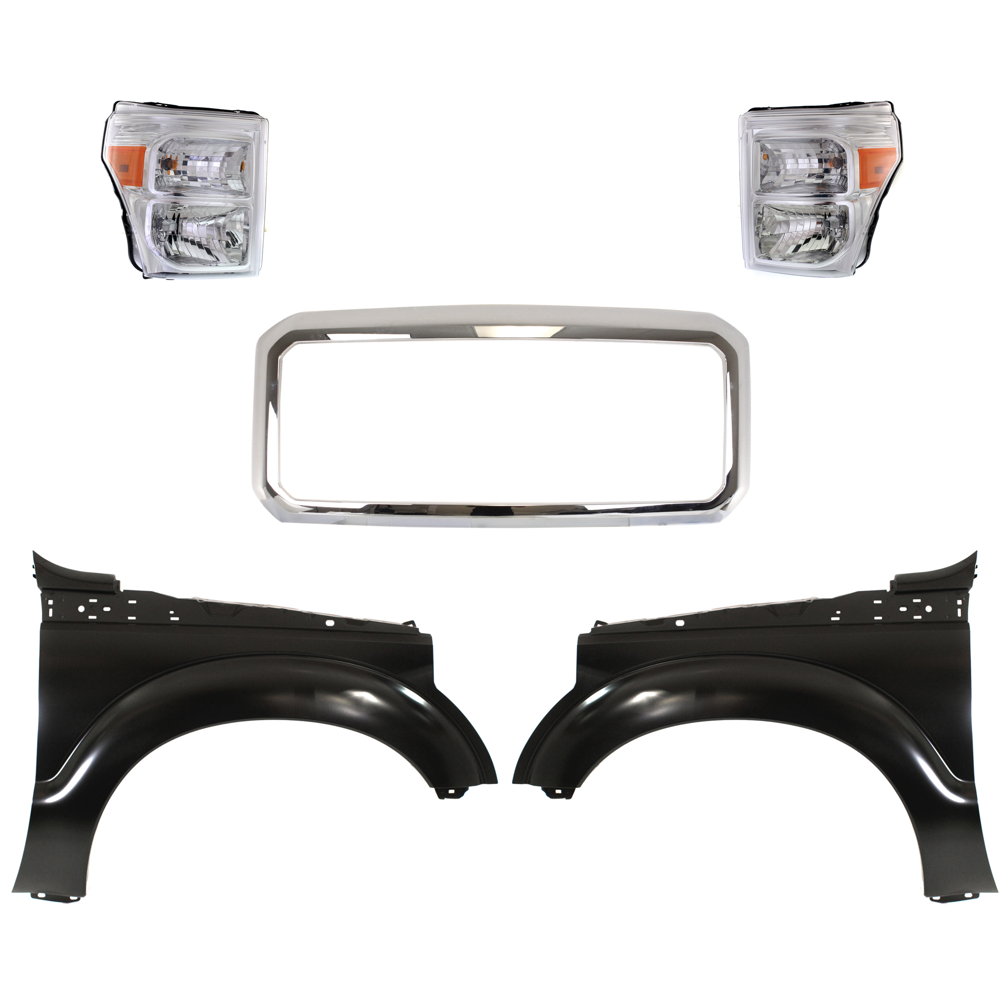 AM F 250 SUPER DUTY F 350 SUPER DUTY 11-16 GRILLE Chrome 5 pc Kit with Fenders and Headlights SKU KIT 022423-676 Partslink FO1202102 FO1240284C FO1241284C FO2502290C FO2503290C OEM BC3Z13008E BC3Z13008F BC3Z1600