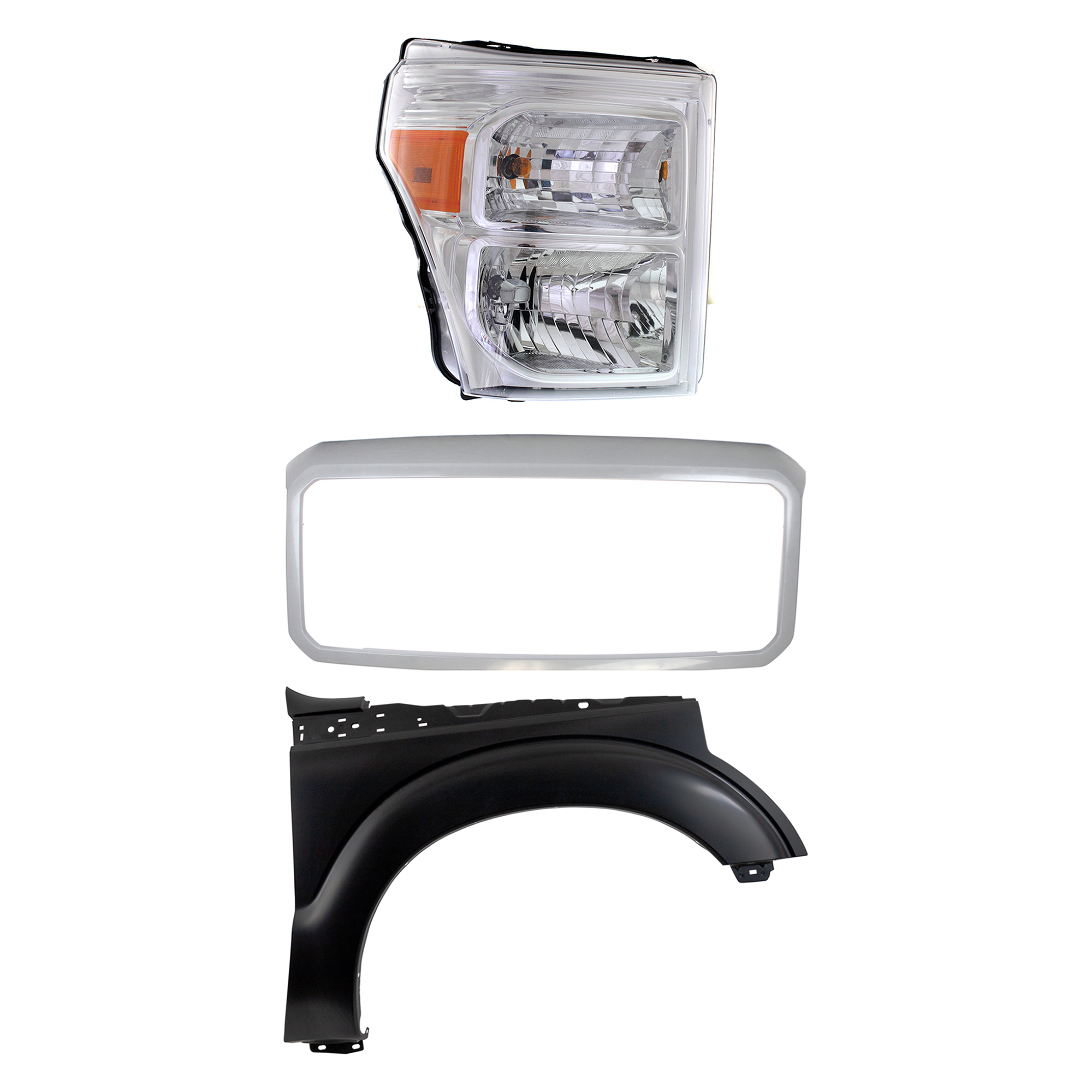 AM F 250 SUPER DUTY F 350 SUPER DUTY 11-16 HEAD LAMP RH Assembly Halogen 3 pc Kit with Fender and Grille Shell CAPA SKU KIT 022423-67701 Partslink FO1202101 FO1241284C FO2503290C OEM BC3Z13008E BC3Z16005A BC3Z8200