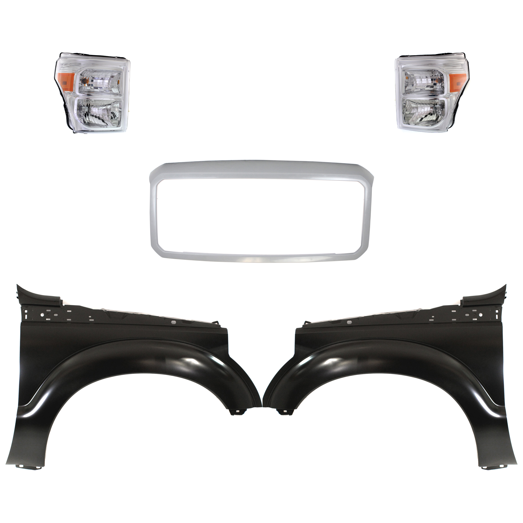 AM F 250 SUPER DUTY F 350 SUPER DUTY 11-16 HEAD LAMP RH AND LH Assembly Halogen 5 pc Kit with Fenders and Grille Shell CAPA SKU KIT 022423-677 Partslink FO1202101 FO1240284C FO1241284C FO2502290C FO2503290C OEM BC3Z13008E BC3Z13008F BC3Z1600
