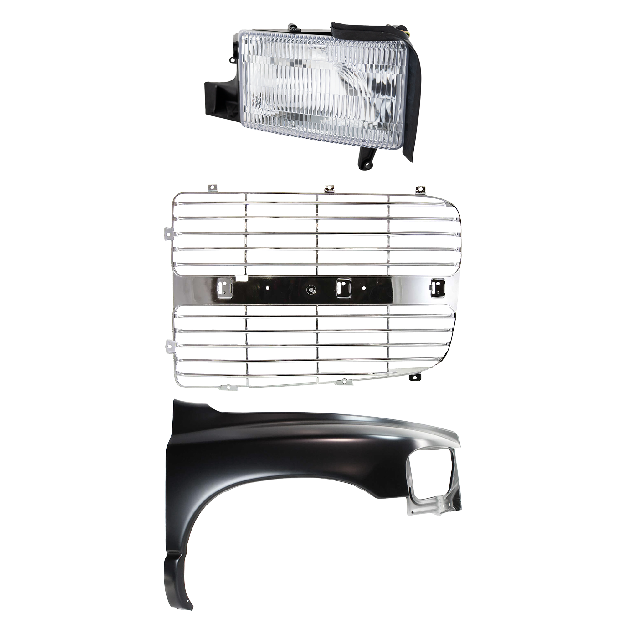 AM RAM 1500-02-02 FRONT FENDER RH Primed 3 pc Kit with Grille Insert and Headlight SKU KIT 022423-69001 Partslink CH1241232 CH1201104 OEM 55276208AD 55276970AA 5073296A