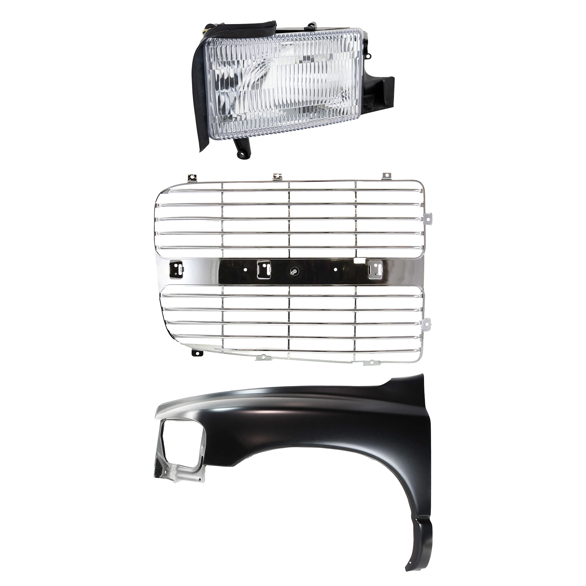 AM RAM 1500-02-02 FRONT FENDER LH Primed 3 pc Kit with Grille Insert and Headlight SKU KIT 022423-69002 Partslink CH1240232 CH1201103 OEM 55276209AD 55276971AA 5073297A