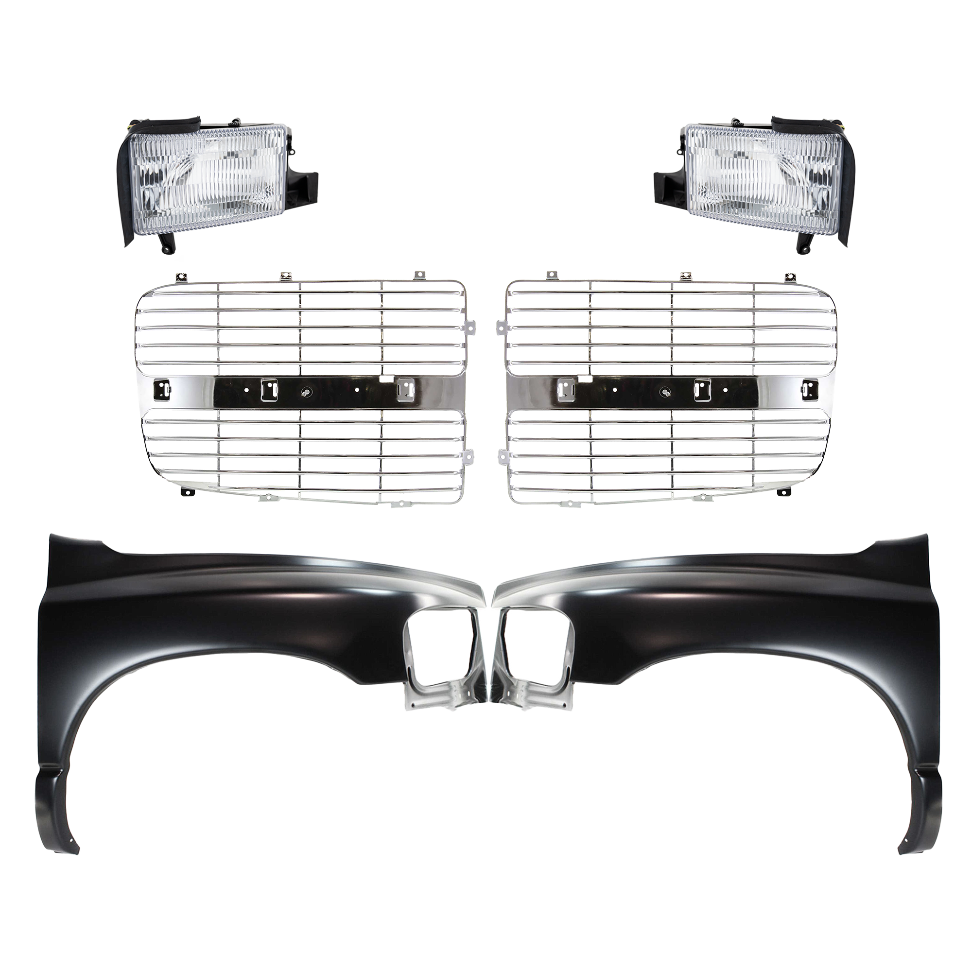 AM RAM 1500-02-02 FRONT FENDER RH AND LH Primed 6 pc Kit with Grille Insert and Headlights SKU KIT 022423-690 Partslink CH1240232 CH1241232 CH1201104 CH1201103 OEM 55276208AD 55276970AA 55276209