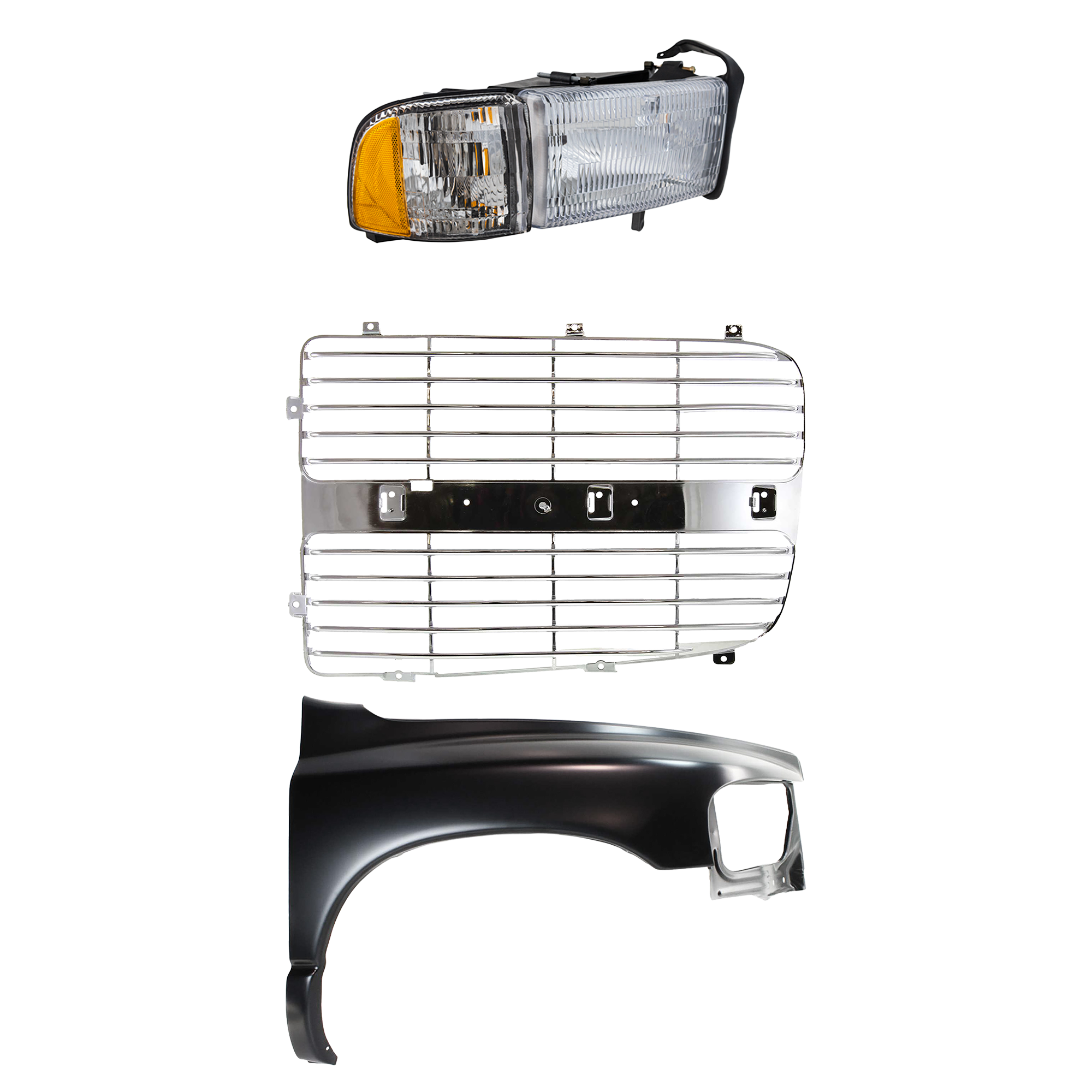 AM RAM 1500-02-02 FRONT FENDER RH Primed 3 pc Kit with Grille Insert and Headlight SKU KIT 022423-69101 Partslink CH1241232 CH1201104 CH2503101 OEM 55276208AD 55276970AA 5073296A