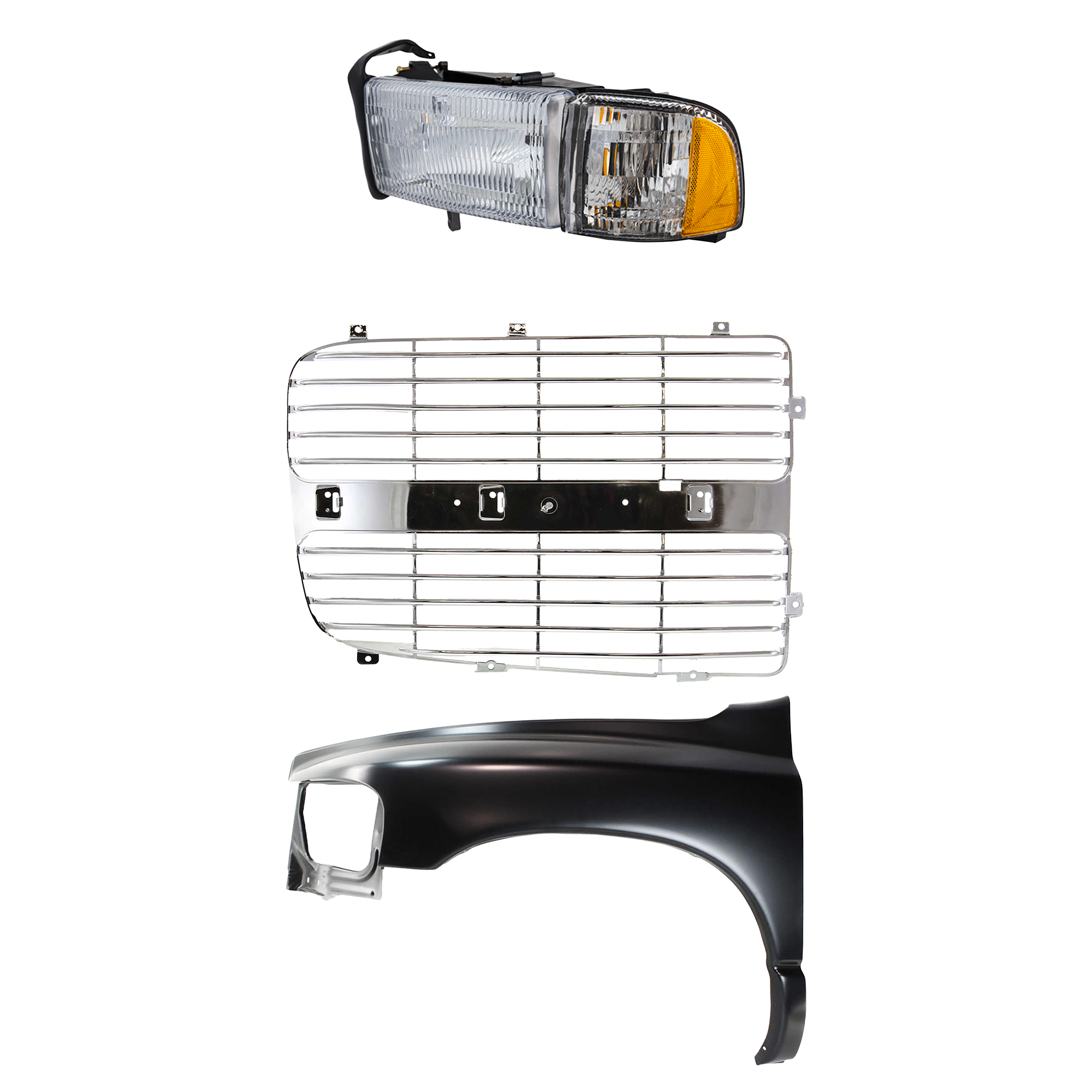 AM RAM 1500-02-02 FRONT FENDER LH Primed 3 pc Kit with Grille Insert and Headlight SKU KIT 022423-69102 Partslink CH1240232 CH1201103 CH2502101 OEM 55276209AD 55276971AA 5073297A