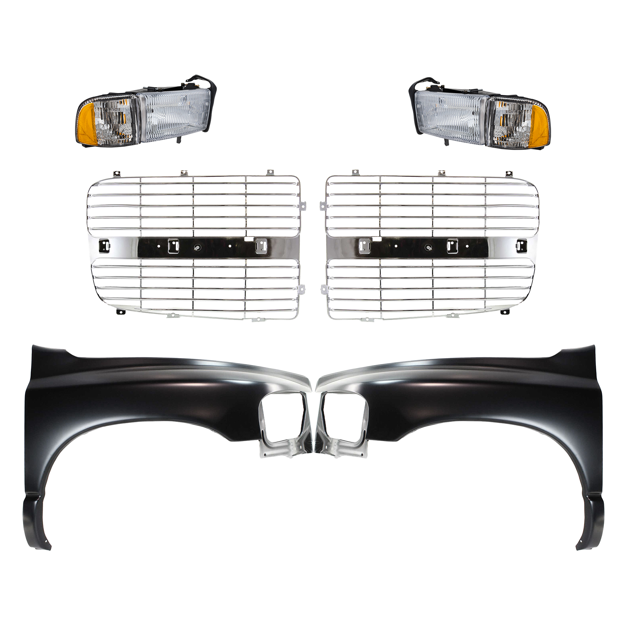 AM RAM 1500-02-02 FRONT FENDER RH AND LH Primed 6 pc Kit with Grille Insert and Headlights SKU KIT 022423-691 Partslink CH1240232 CH1241232 CH1201104 CH1201103 CH2503101 CH2502101 OEM 55276208AD 55276970AA 55276209