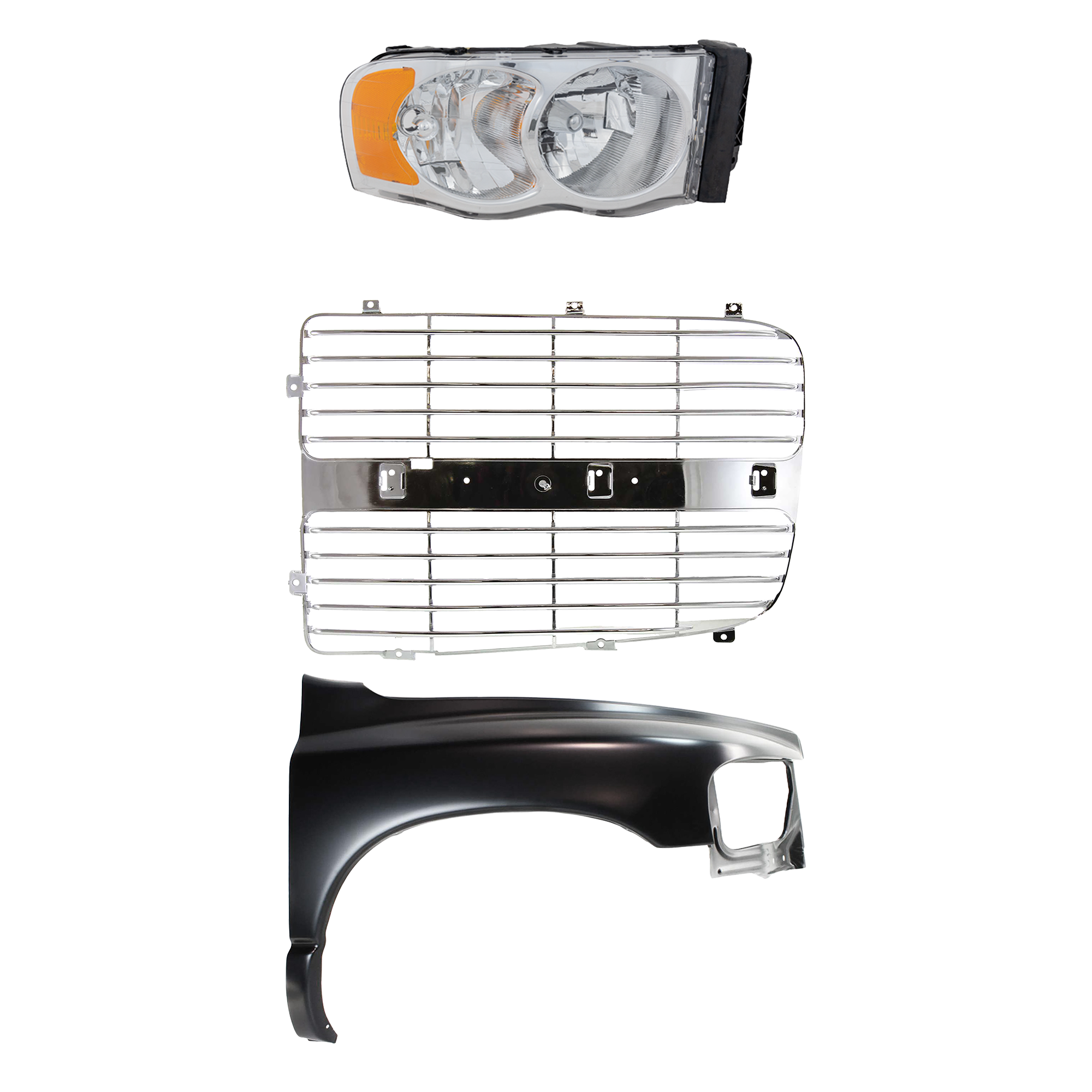 AM DODGE FULL SIZE P U 02-05 FRONT FENDER RH 3 pc Kit Primed Steel with Grille Insert and Headlight SKU KIT 022423-69201 Partslink CH1241232 CH1201104 CH2503135 CH2503161 OEM 55276208AD 55276970AA 5073296A