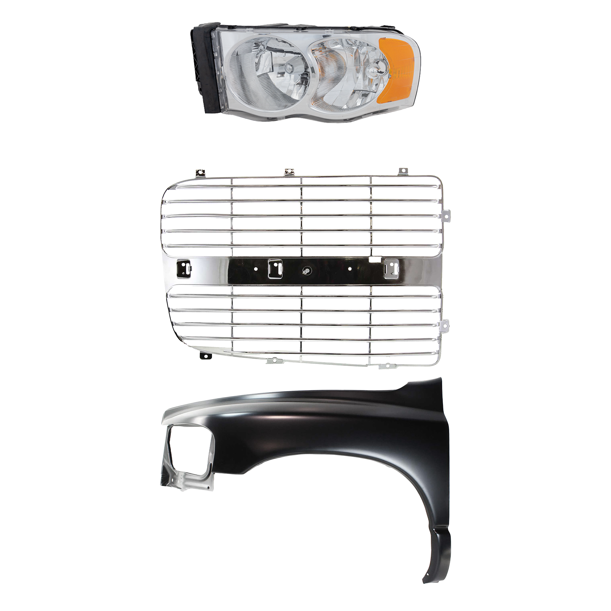 AM DODGE FULL SIZE PICKUP 02-05 FRONT FENDER LH 3 pc Kit with Grille Assembly and Headlight SKU KIT 022423-69202 Partslink CH1240232 CH1201103 CH2502135 CH2502161 OEM 55276209AD 55276971AA 5073297A