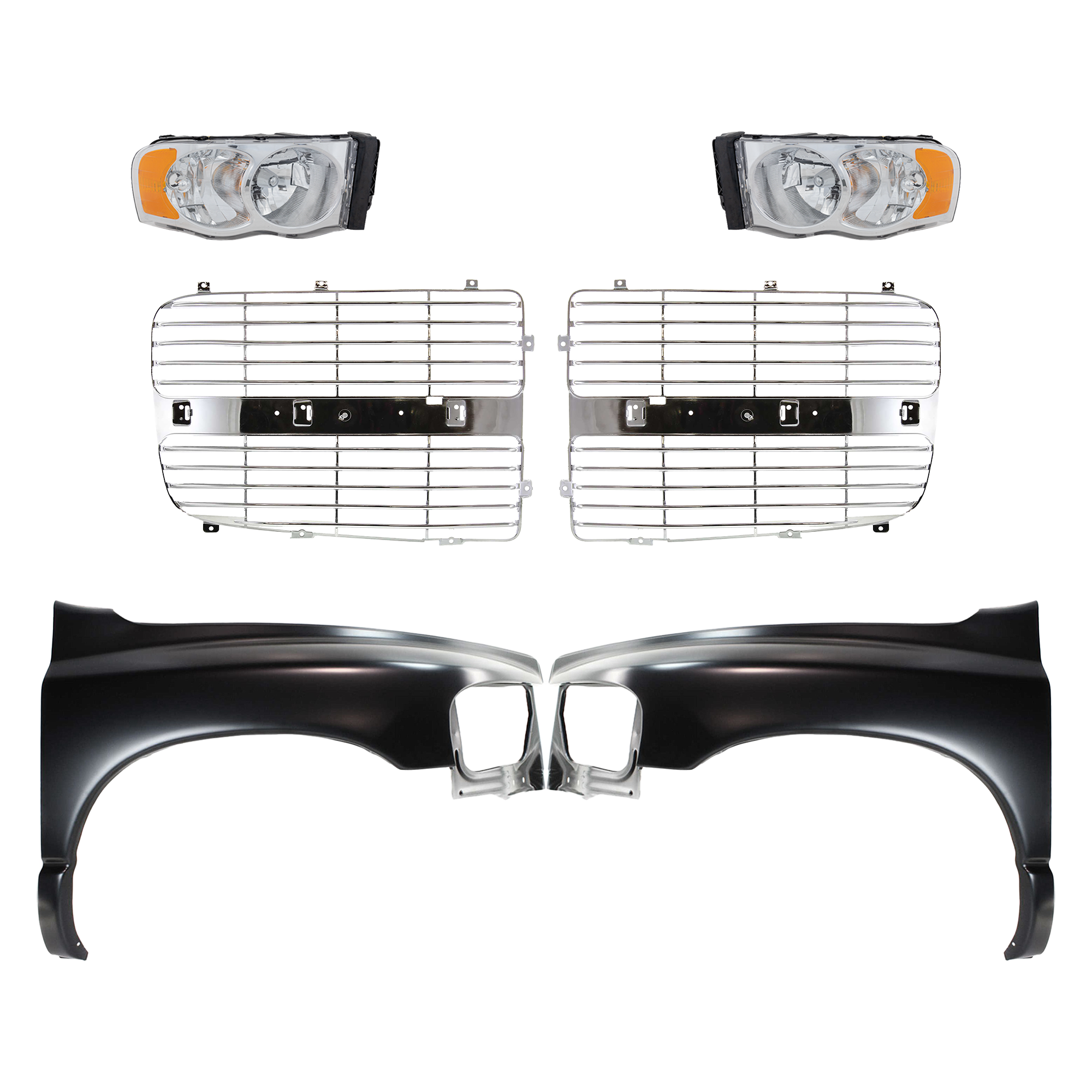 AM DODGE FULL SIZE PICKUP 02-05 FRONT FENDER RH AND LH 6 pc Kit with Grille Inserts and Headlights SKU KIT 022423-692 Partslink CH1240232 CH1241232 CH1201104 CH1201103 CH2503135 CH2503161 CH2502135 CH2502161 OEM 55276208AD 55276970AA 55276209