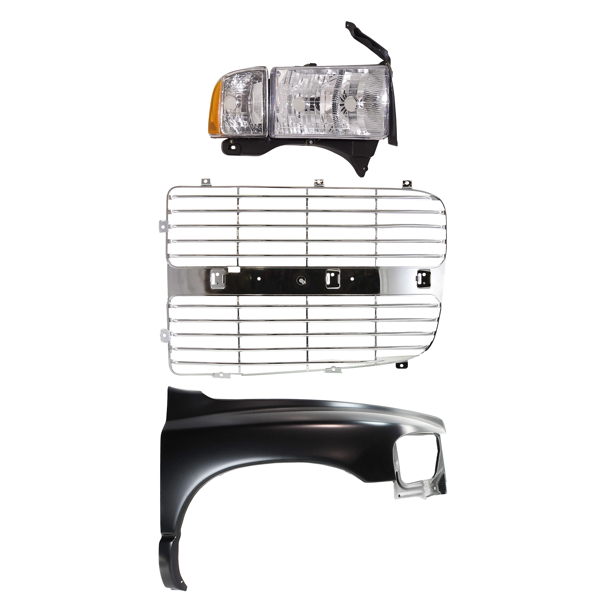 AM RAM 1500-02-02 FRONT FENDER RH Primed 3 pc Kit with Grille Insert and Headlight SKU KIT 022423-69301 Partslink CH1241232 CH1201104 OEM 55276208AD 55276970AA 5073296A