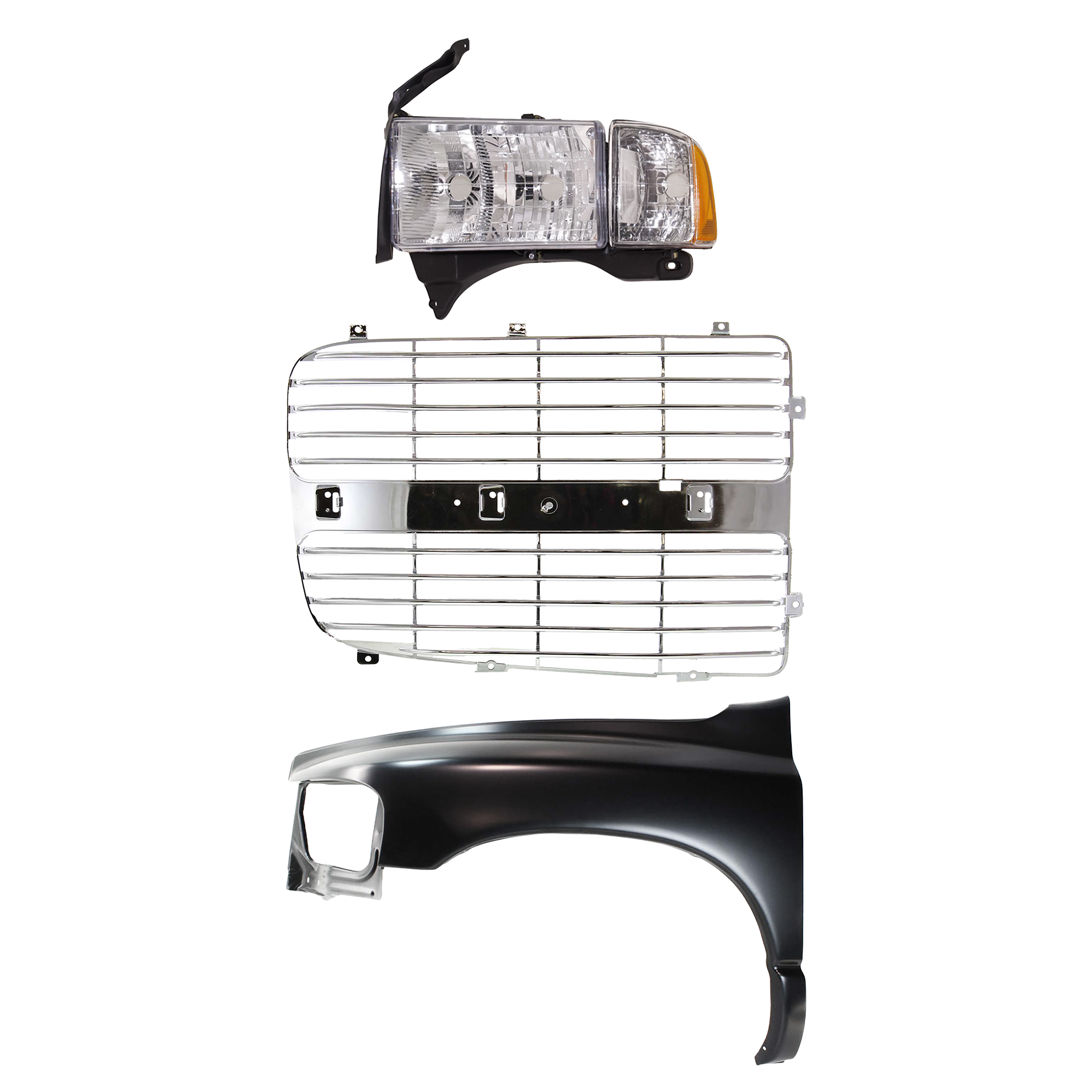 AM RAM 1500-02-02 FRONT FENDER LH Primed 3 pc Kit with Grille Insert and Headlight SKU KIT 022423-69302 Partslink CH1240232 CH1201103 OEM 55276209AD 55276971AA 5073297A