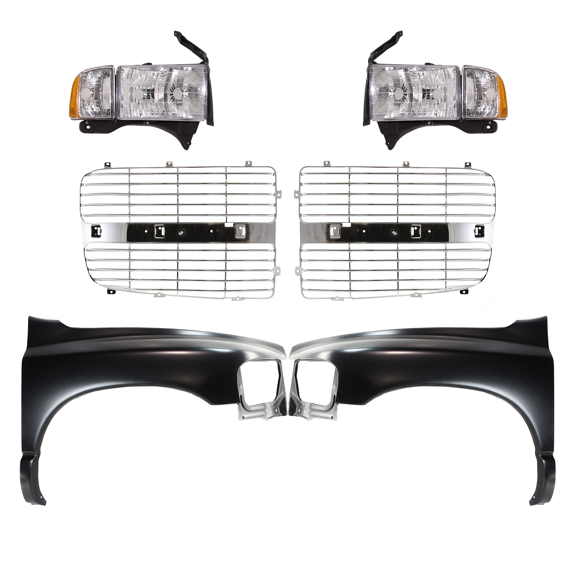 AM RAM 1500-02-02 FRONT FENDER RH AND LH Primed 6 pc Kit with Grille Insert and Headlights SKU KIT 022423-693 Partslink CH1240232 CH1241232 CH1201104 CH1201103 OEM 55276208AD 55276970AA 55276209