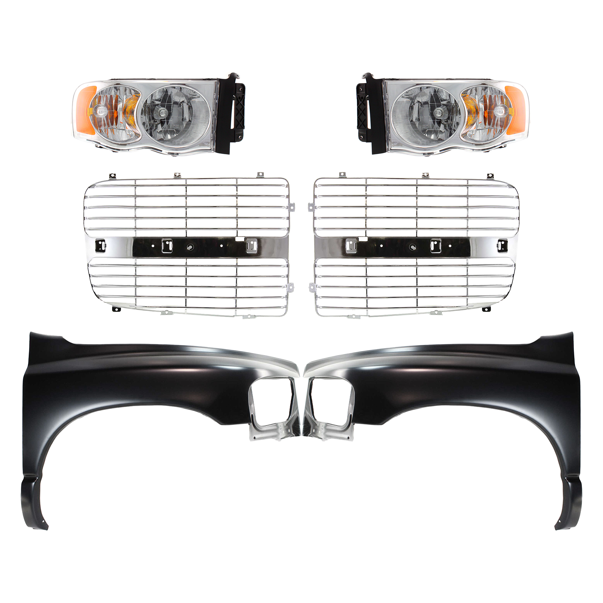 AM DODGE FULL SIZE PICKUP 02-05 FRONT FENDER RH AND LH 6 pc Kit with Grille Inserts and Headlights SKU KIT 022423-694 Partslink CH1240232 CH1241232 CH1201104 CH1201103 OEM 55276208AD 55276970AA 55276209