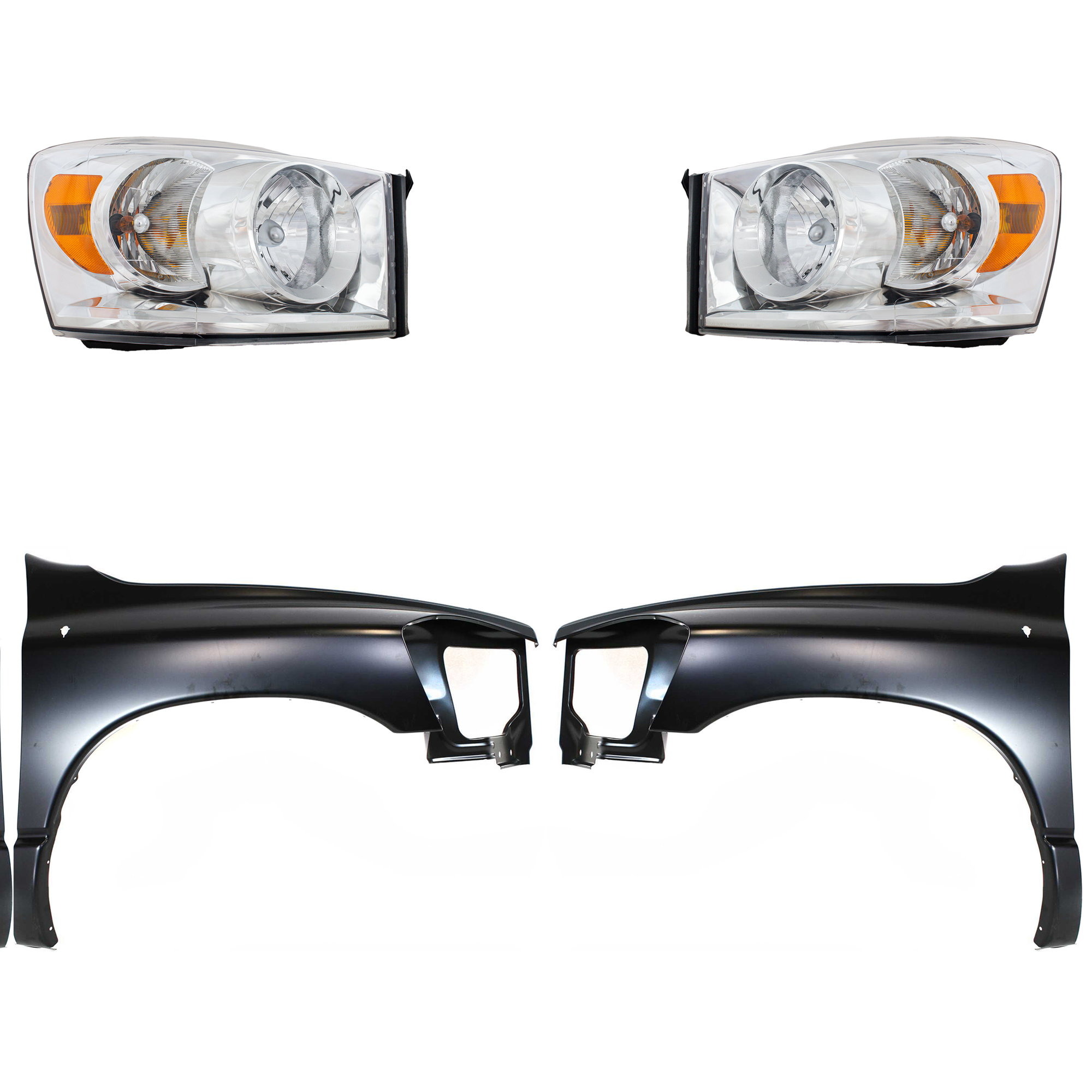 AM DODGE FULL SIZE PICKUP 07-09 HEAD LAMP RH AND LH Assembly Halogen 4 pc Kit with Fenders SKU KIT 022423-76403 Partslink CH2503180 CH2502180 CH1240255 CH1241255 OEM 68003124AD PFM 68003125AD PFM