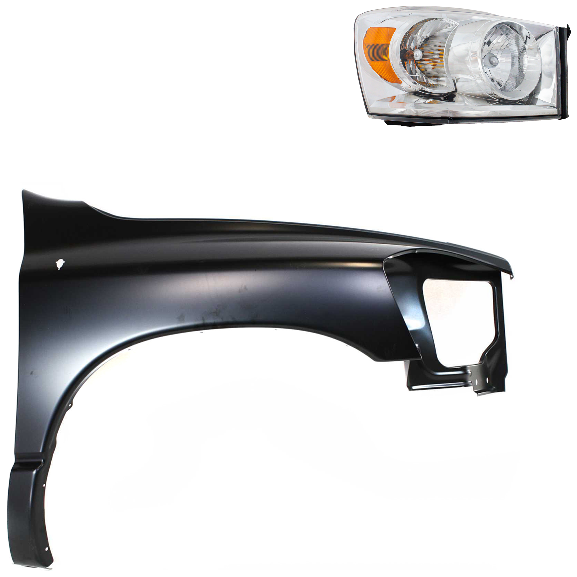 AM RAM 1500-06-08 RAM 2500 RAM 3500-06-09 FRONT FENDER RH Primed 2 pc Kit with Headlight SKU KIT 022423-76404 Partslink CH1241255 CH2503180 OEM 55276986AB 68003124AD PFM