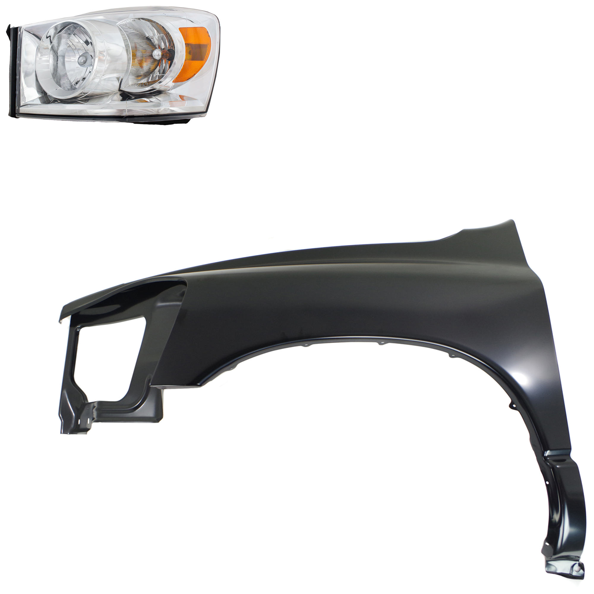 AM DODGE FULL SIZE PICKUP 07-09 HEAD LAMP LH Assembly Halogen 2 pc Kit with Fender SKU KIT 022423-76405 Partslink CH2502180 CH1240255 OEM 68003125AD PFM 55276987AB