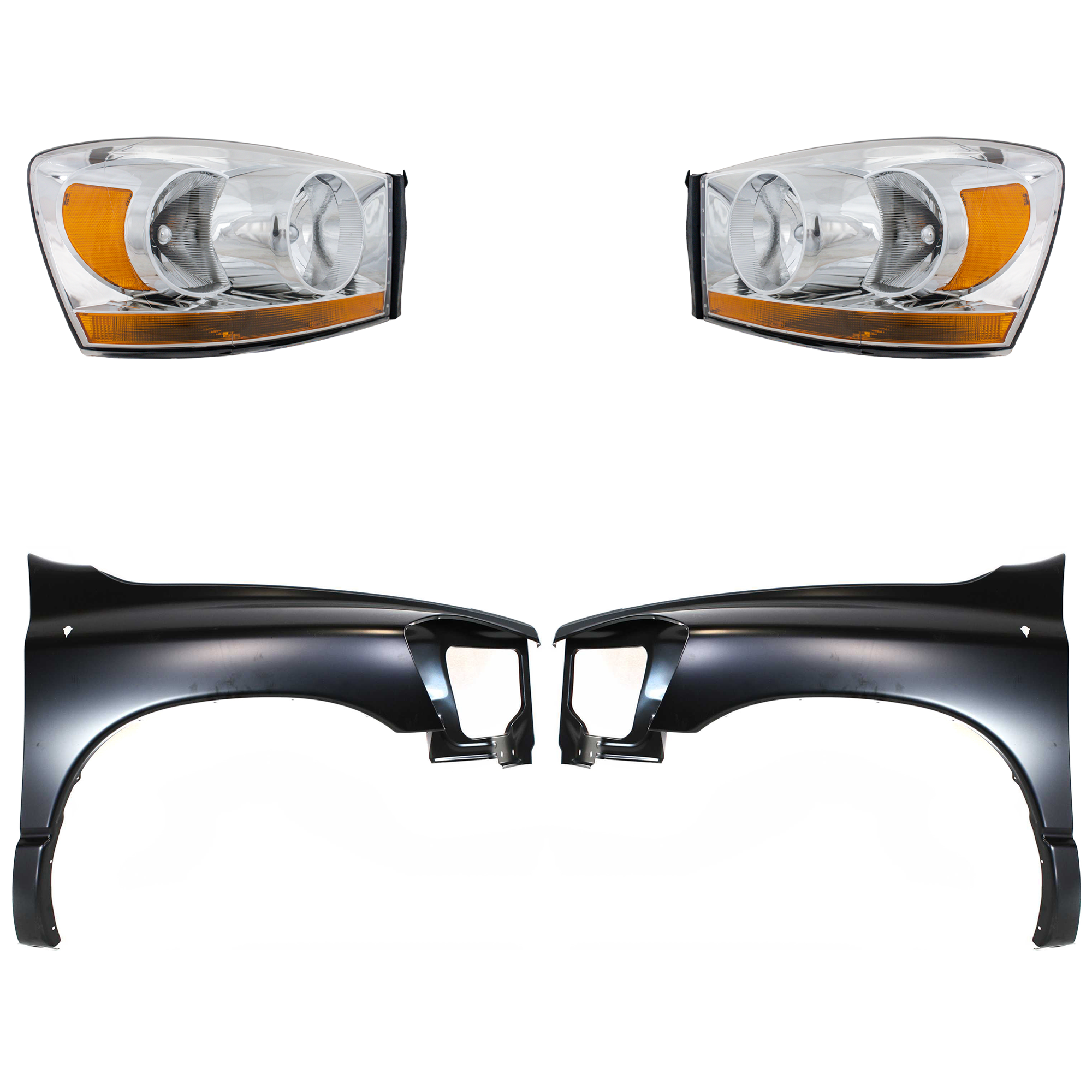 AM DODGE FULL SIZE PICKUP 06-09 HEAD LAMP RH AND LH Assembly Halogen 4 pc Kit with Fenders SKU KIT 022423-76503 Partslink CH2519114 CH2518114 CH1240255 CH1241255 OEM 55077794AD PFM 55077795AD PFM