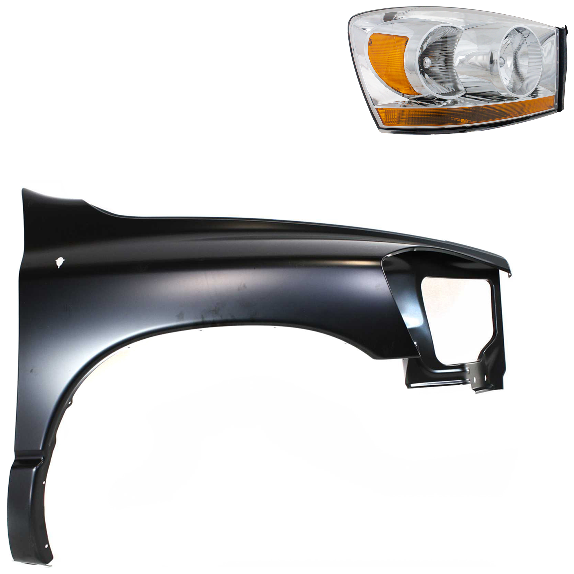 AM DODGE FULL SIZE PICKUP 06-09 HEAD LAMP RH Assembly Halogen 2 pc Kit with Fender SKU KIT 022423-76504 Partslink CH2519114 CH1241255 OEM 55077794AD PFM 55276986AB