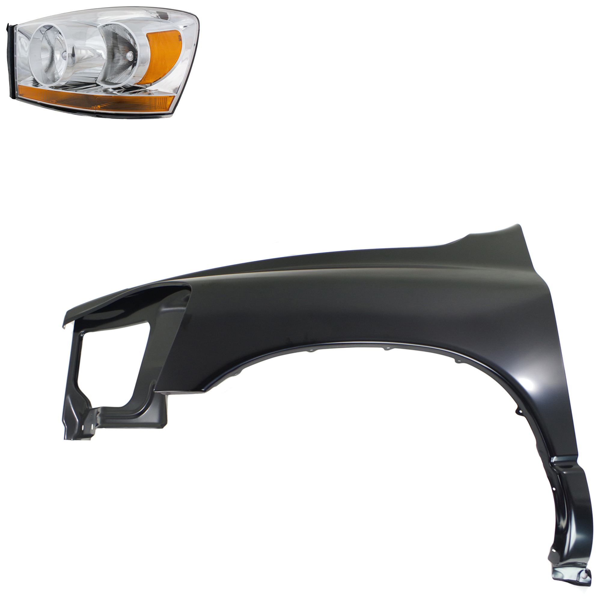 AM DODGE FULL SIZE PICKUP 06-09 HEAD LAMP LH Assembly Halogen 2 pc Kit with Fender SKU KIT 022423-76505 Partslink CH2518114 CH1240255 OEM 55077795AD PFM 55276987AB