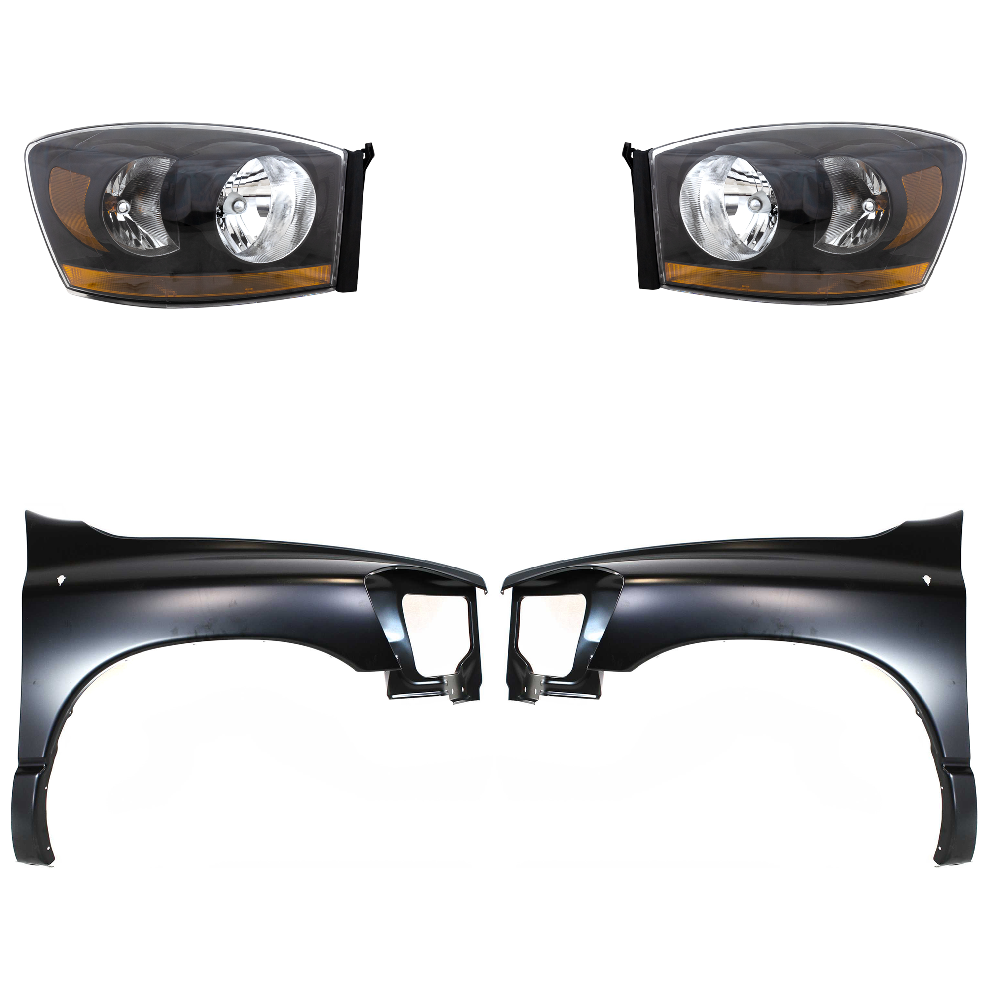 AM DODGE FULL SIZE PICKUP 06-09 HEAD LAMP RH AND LH Assembly Halogen 4 pc Kit with Fenders SKU KIT 022423-76603 Partslink CH2519115 CH2518115 CH1240255 CH1241255 OEM 55372814AB PFM 55372815AB PFM