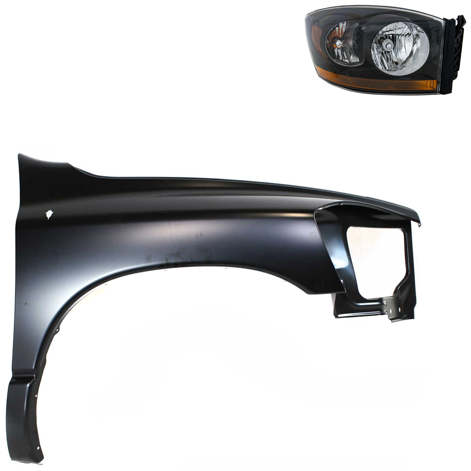 AM DODGE FULL SIZE PICKUP 06-09 HEAD LAMP RH Assembly Halogen 2 pc Kit with Fender SKU KIT 022423-76604 Partslink CH2519115 CH1241255 OEM 55372814AB PFM 55276986AB