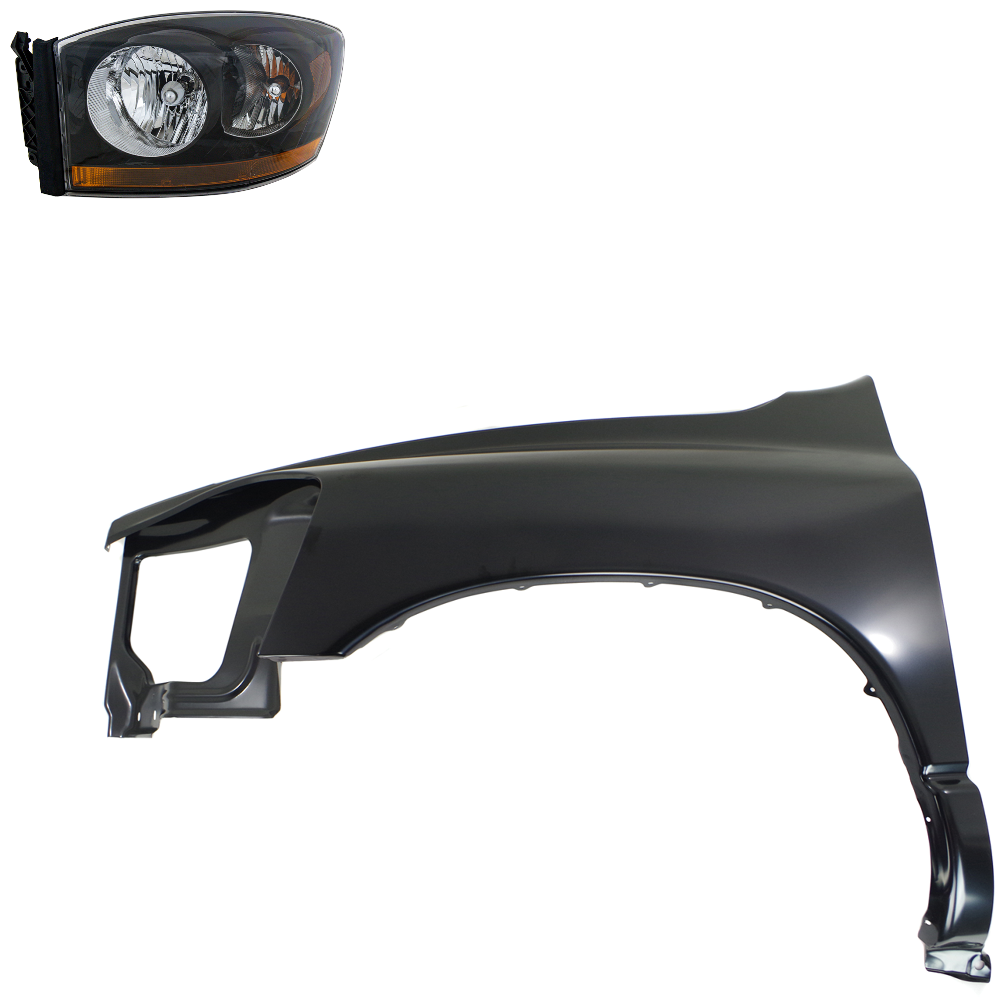 AM DODGE FULL SIZE PICKUP 06-09 HEAD LAMP LH Assembly Halogen 2 pc Kit with Fender SKU KIT 022423-76605 Partslink CH2518115 CH1240255 OEM 55372815AB PFM 55276987AB