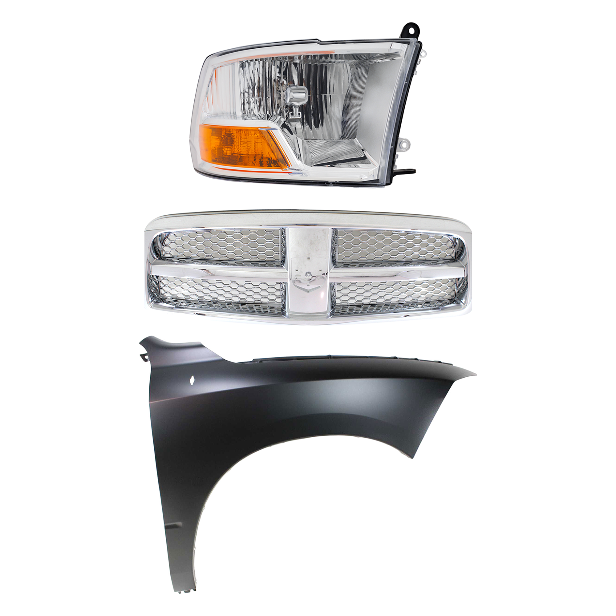 AM RAM 1500-11-12 GRILLE Chrome Shell and Insert 3 pc Kit with Fender and Headlight SKU KIT 022423-79001 Partslink CH1200326 CH1241269 CH2503217 OEM 55372059AB 68054338AJ 68054338
