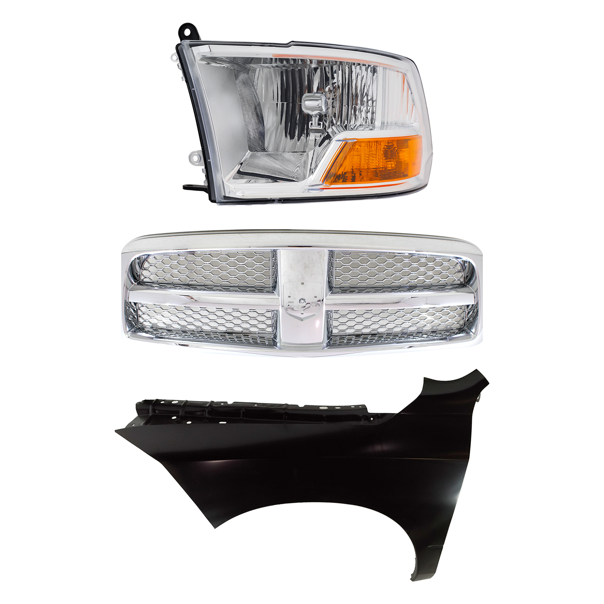 AM RAM 1500 P U 09-12 GRILLE Chrome Shell and Insert 3 pc Kit with Fender and Headlight SKU KIT 022423-79002 Partslink CH1200326 CH1240269 CH2502217 OEM 55372059AB 68054339AJ 68054339